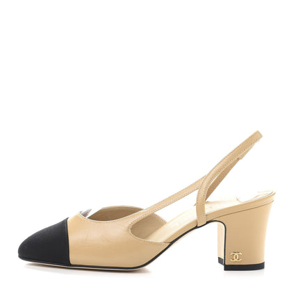 Chanel Goatskin Grosgrain Cap Toe CC Slingback Pumps 35 Beige Black 1 of 9