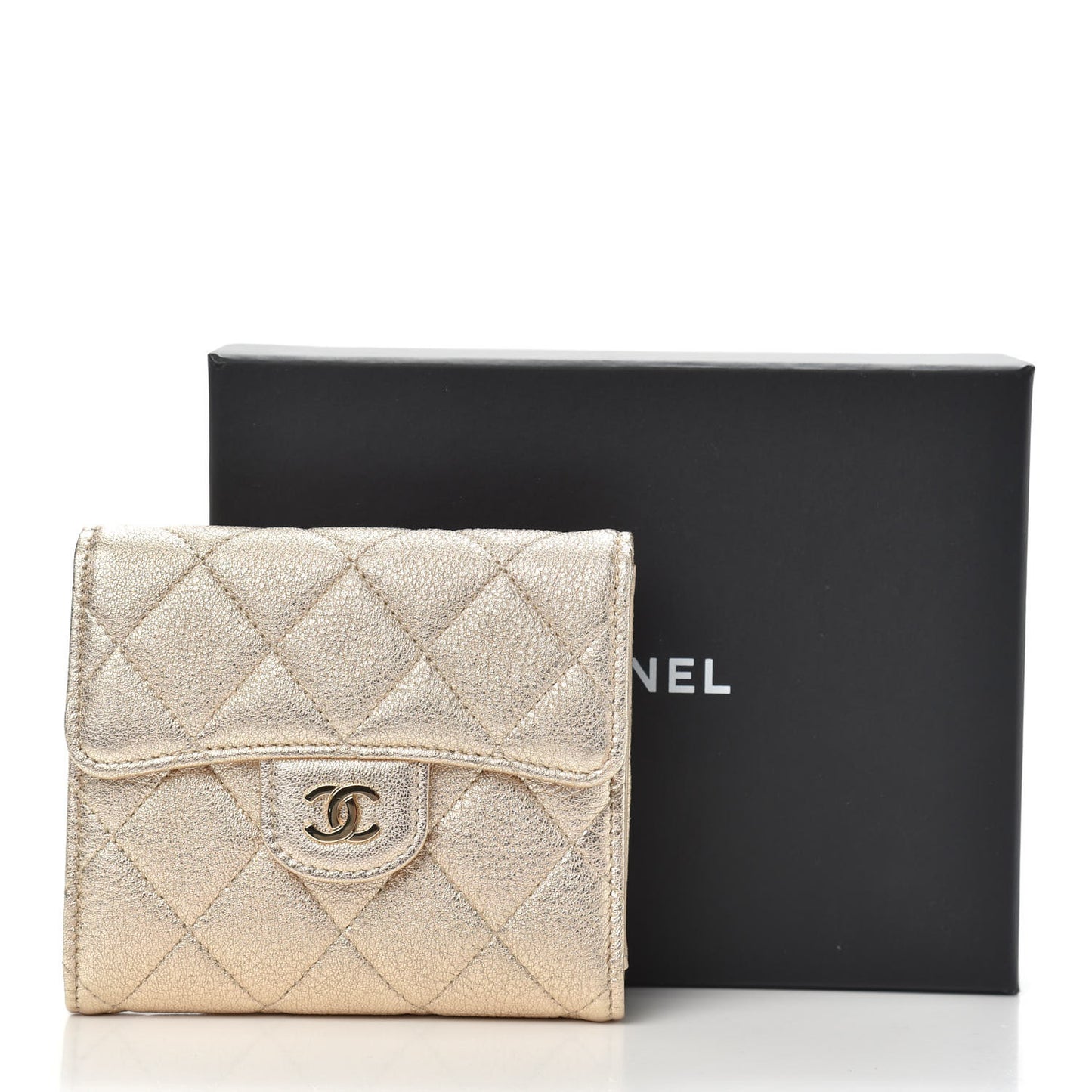 Metallic Lambskin Quilted Compact Flap Wallet Gold