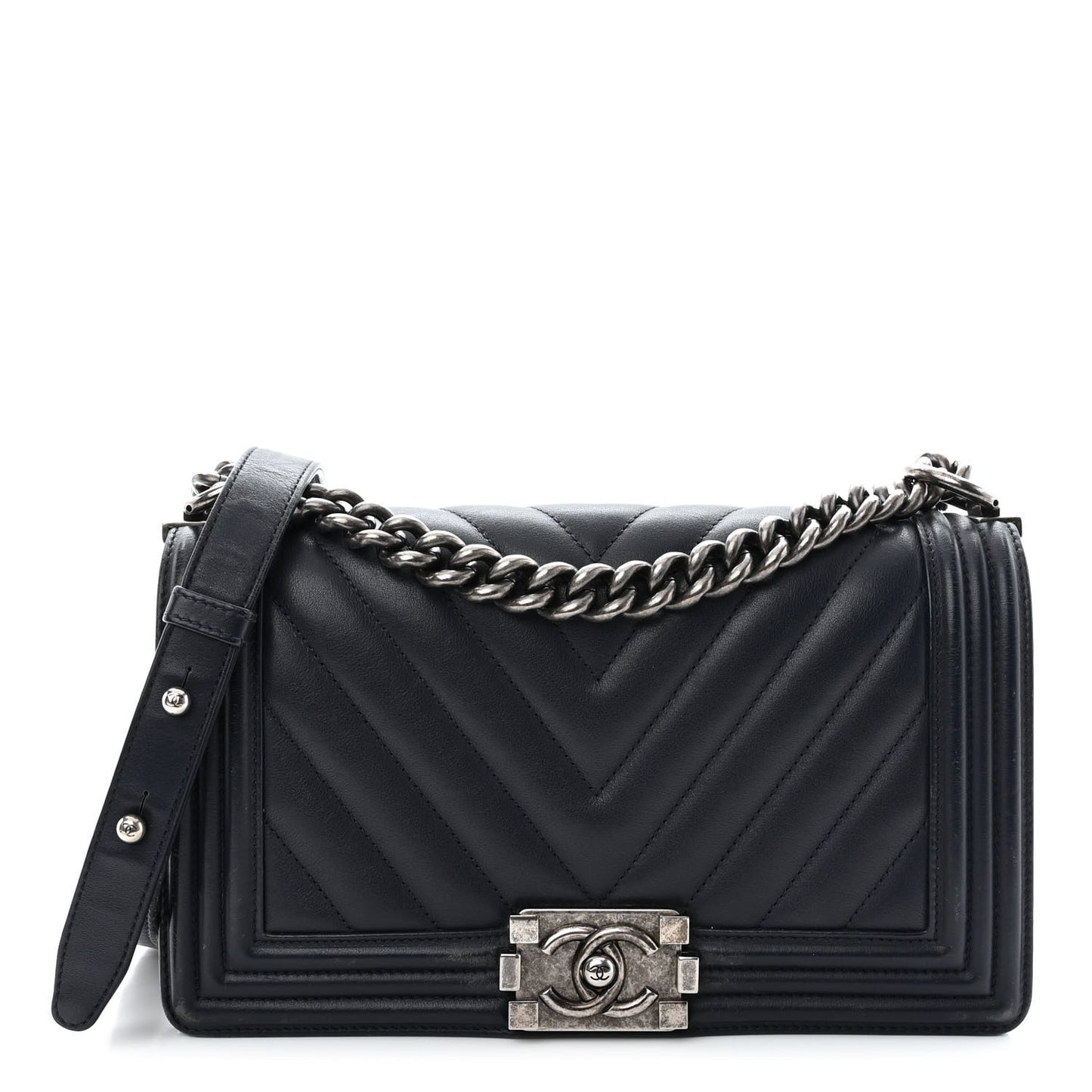Calfskin Chevron Medium Boy Flap Navy