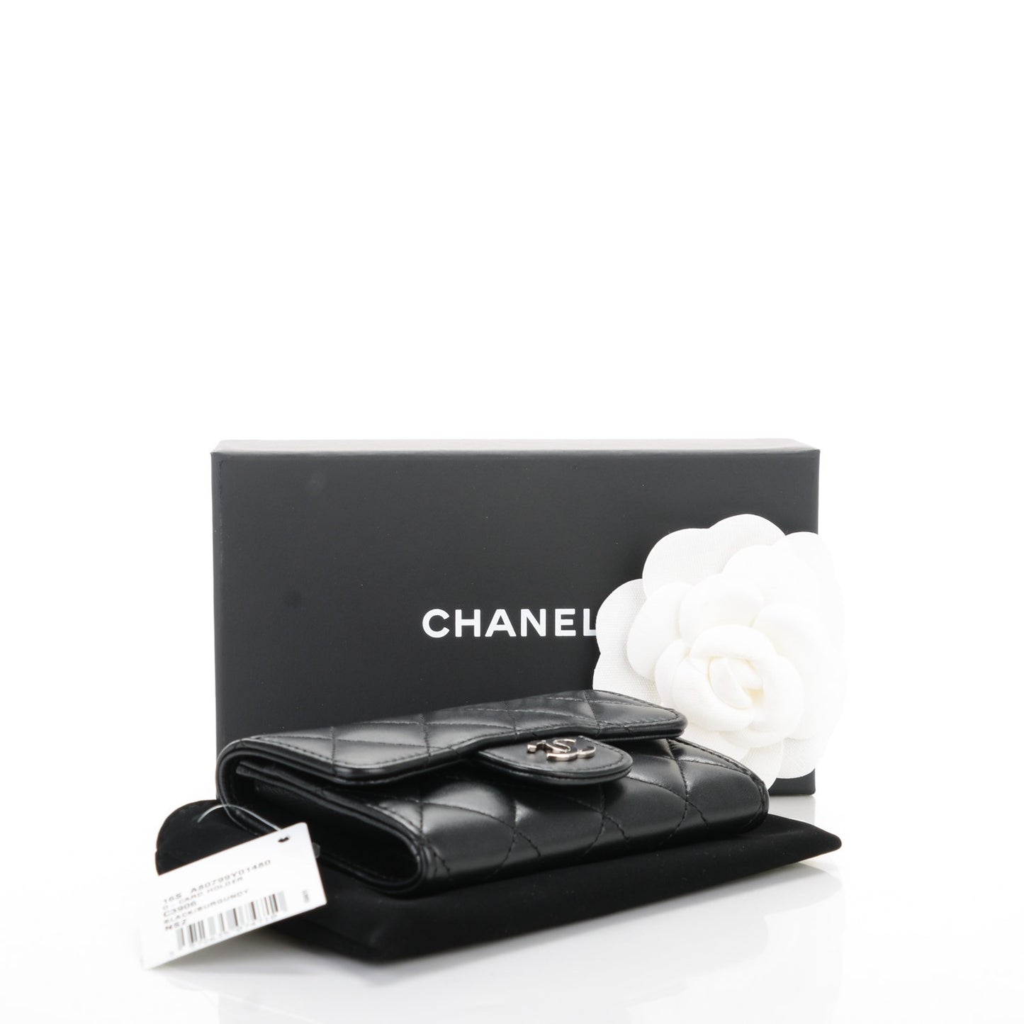 Lambskin Quilted Flap Card Holder Black