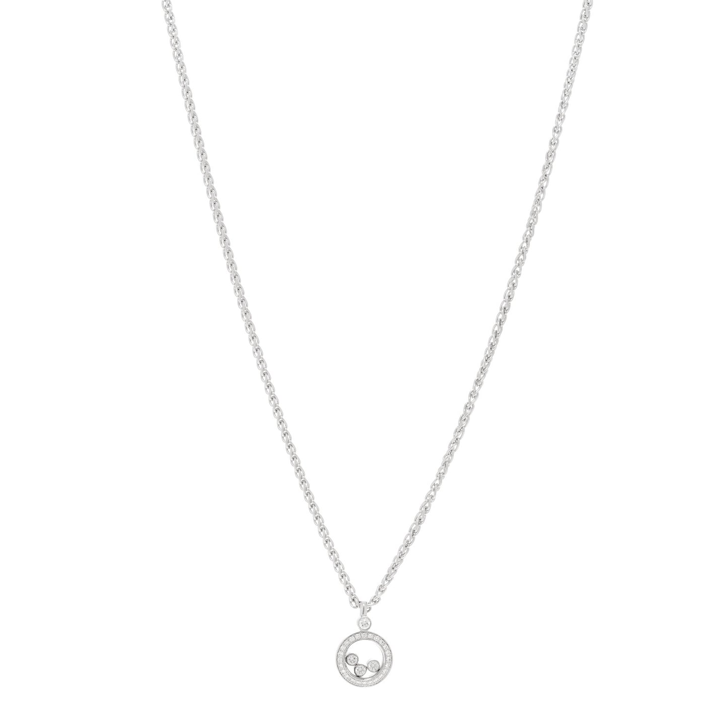 18K White Gold 3 Diamond Happy Diamond Icons Round Pendant Necklace
