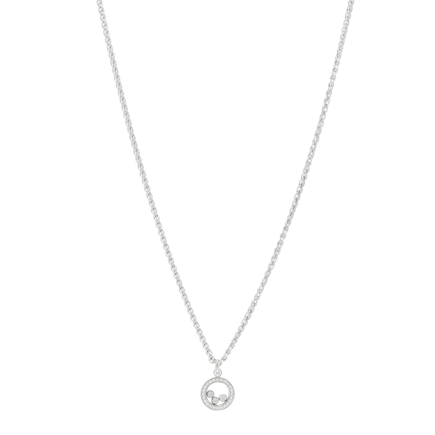 Chopard 18K White Gold 3 Diamond Happy Diamond Icons Round Pendant Necklace 1 of 5