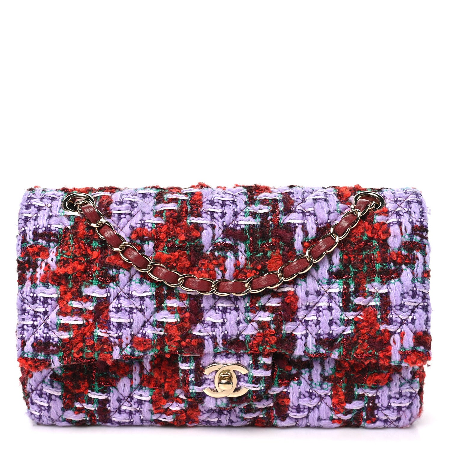 Chanel Tweed Quilted Medium Double Flap Red Purple Green 1 of 11