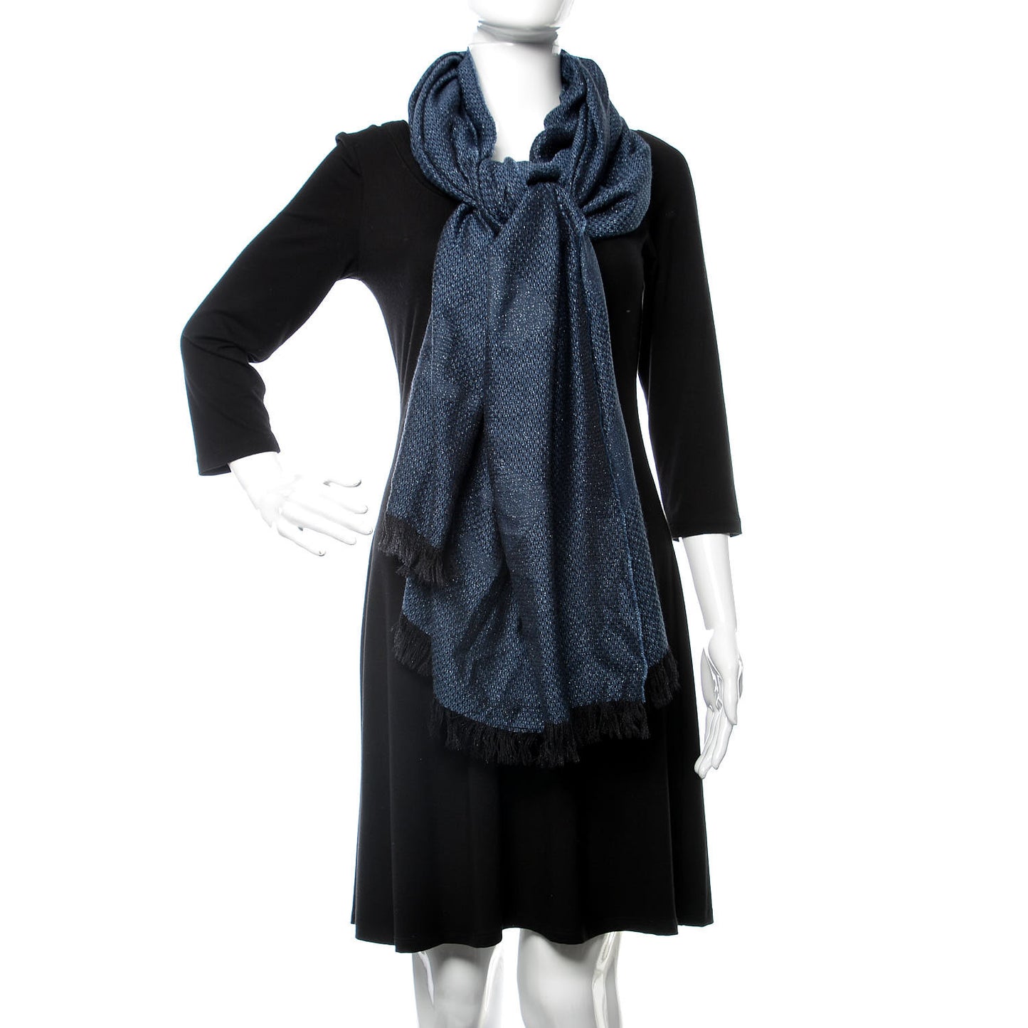 Cashmere Silk CC Fringe Scarf Blue Black
