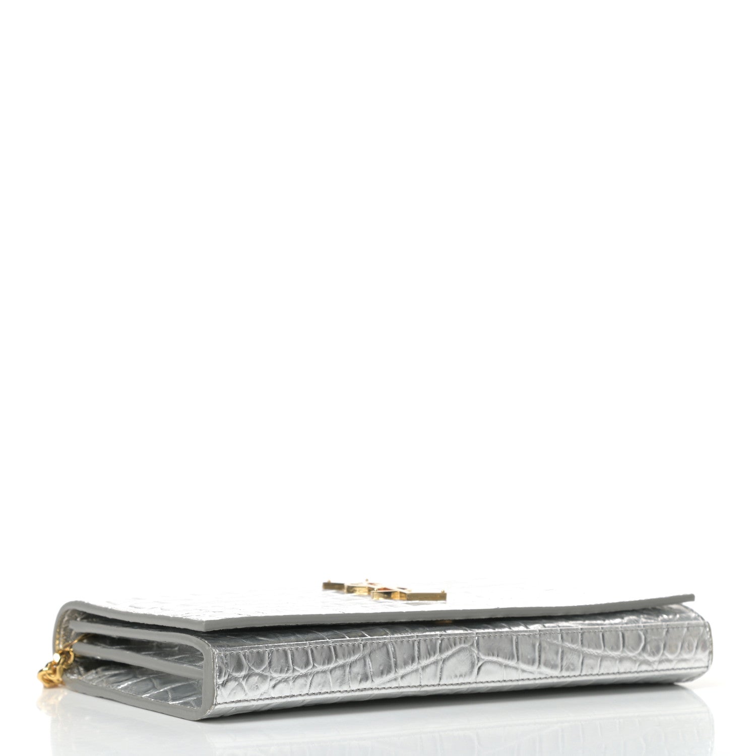Saint Laurent Calfskin Crocodile Embossed Monogram Chain Wallet Argento 4 of 10