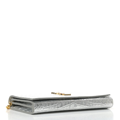 Saint Laurent Calfskin Crocodile Embossed Monogram Chain Wallet Argento 4 of 10