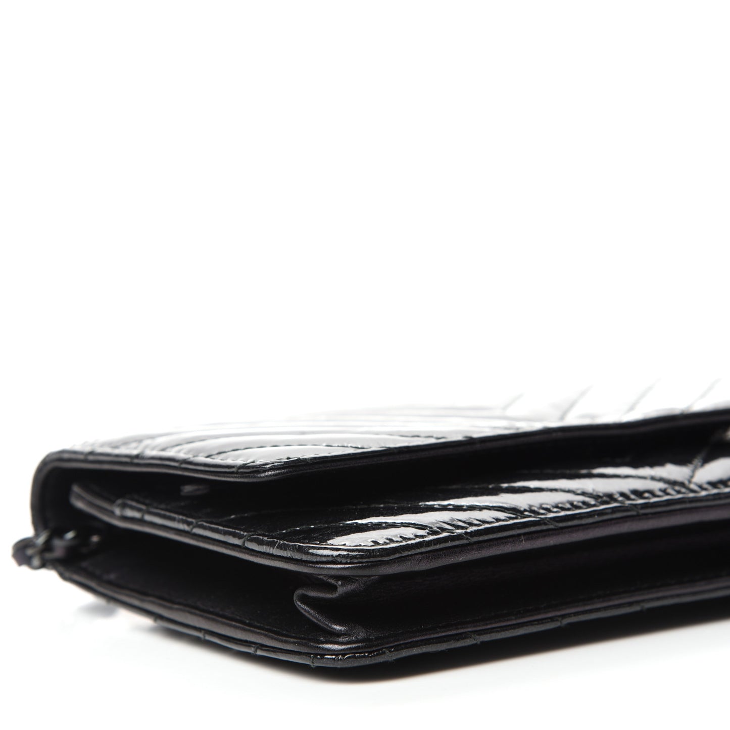 Patent Metallic Crumpled Calfskin Chevron Quilted Wallet On Chain WOC Black