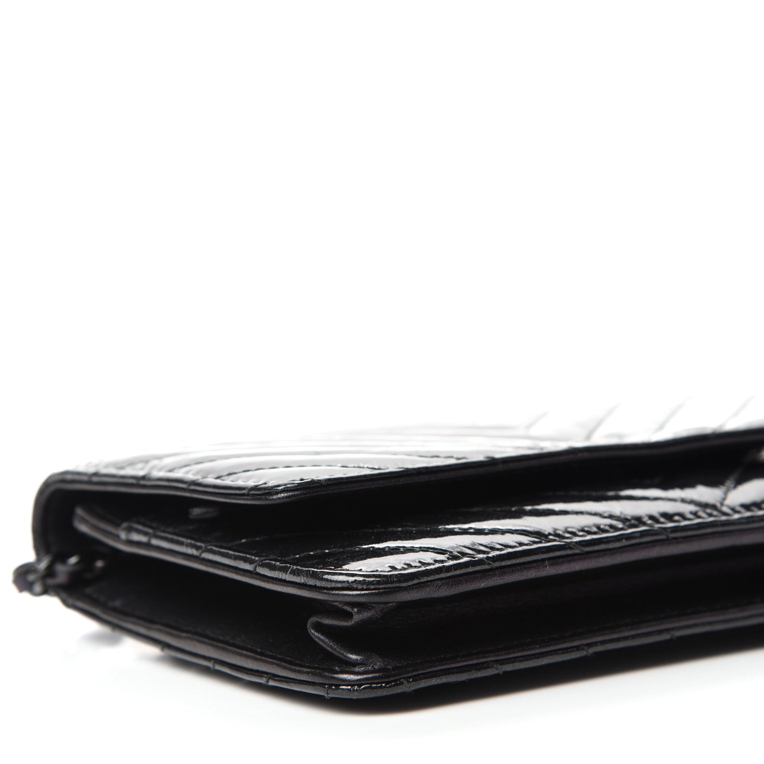 Chanel Patent Metallic Crumpled Calfskin Chevron Quilted Wallet On Chain WOC Black 6 of 14