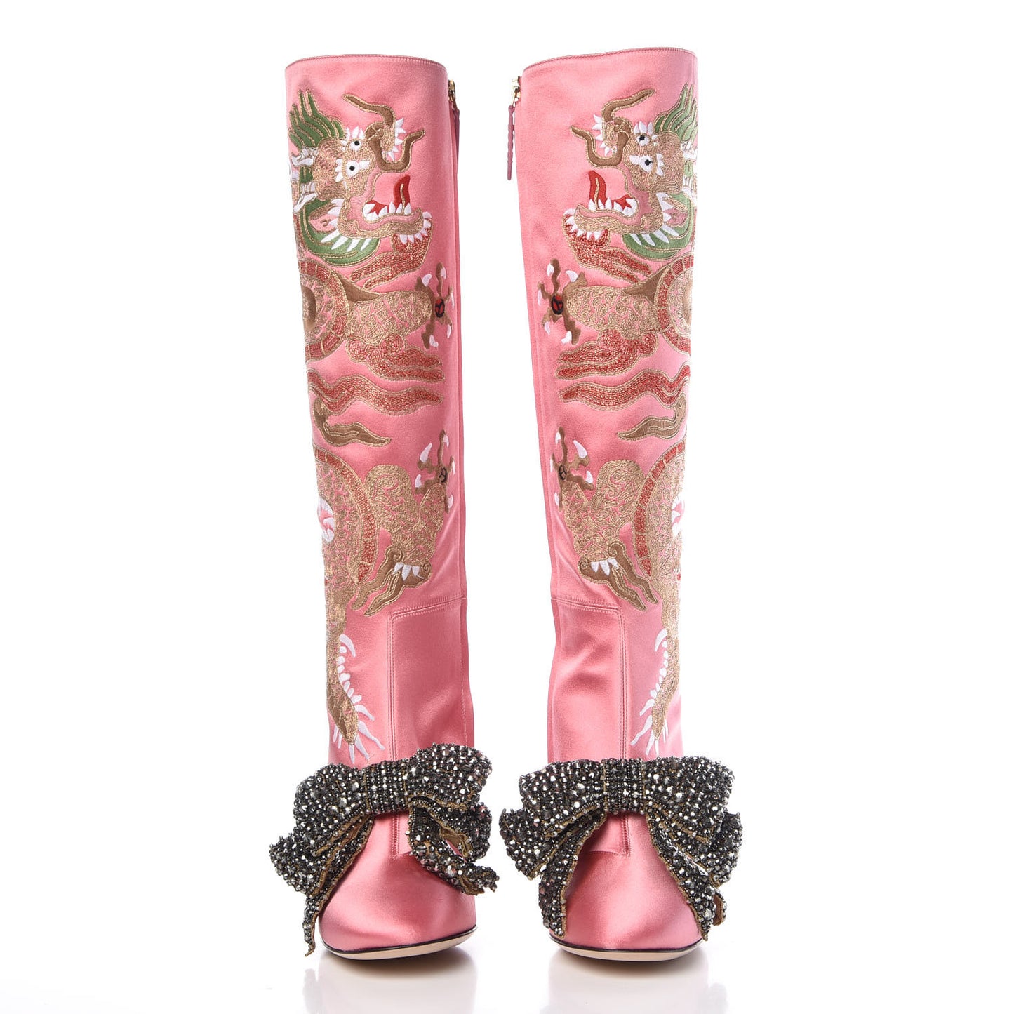 Silk Satin Malaga Kid Embroidered Candy Dragon Block-Heel Knee Boot 37 Glossy Pink