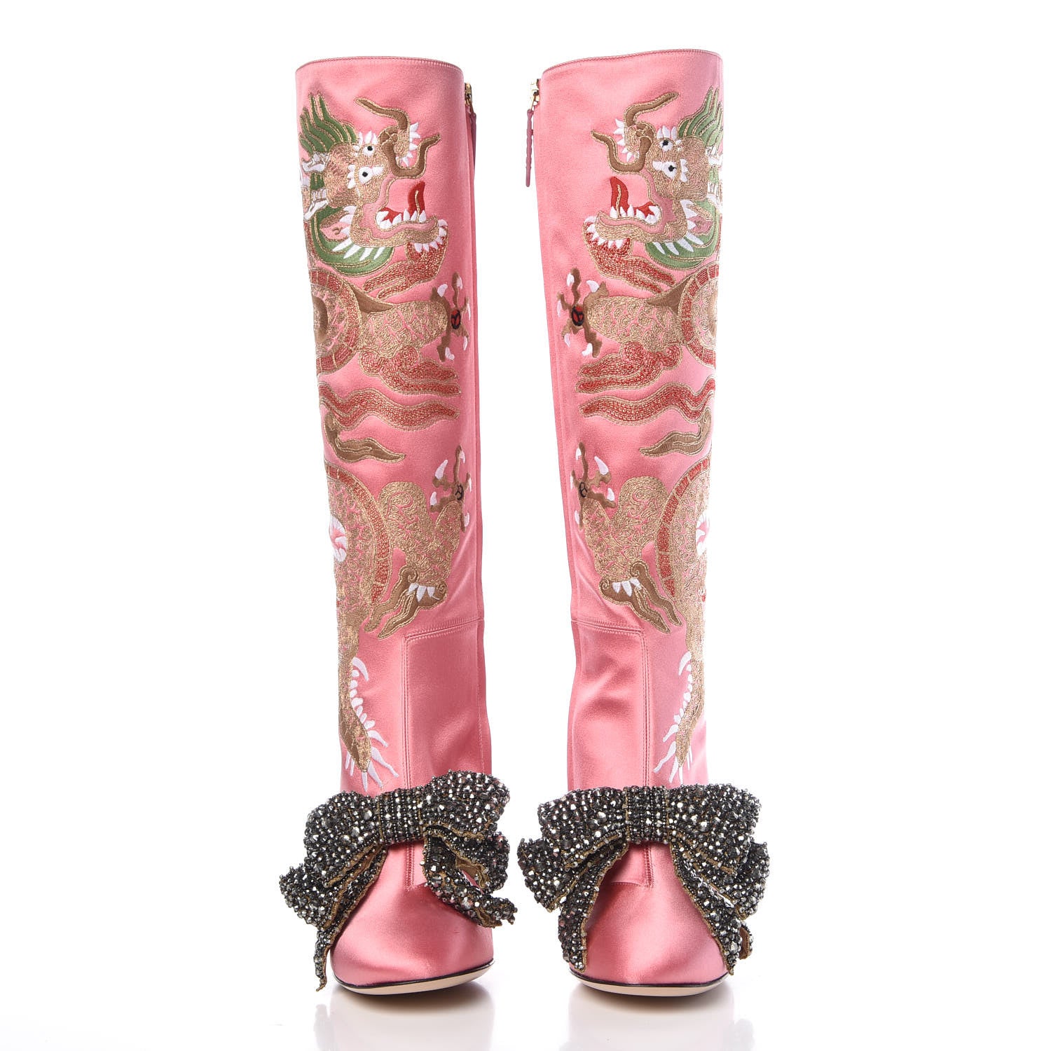 Gucci Silk Satin Malaga Kid Embroidered Candy Dragon Block-Heel Knee Boot 37 Glossy Pink 2 of 13
