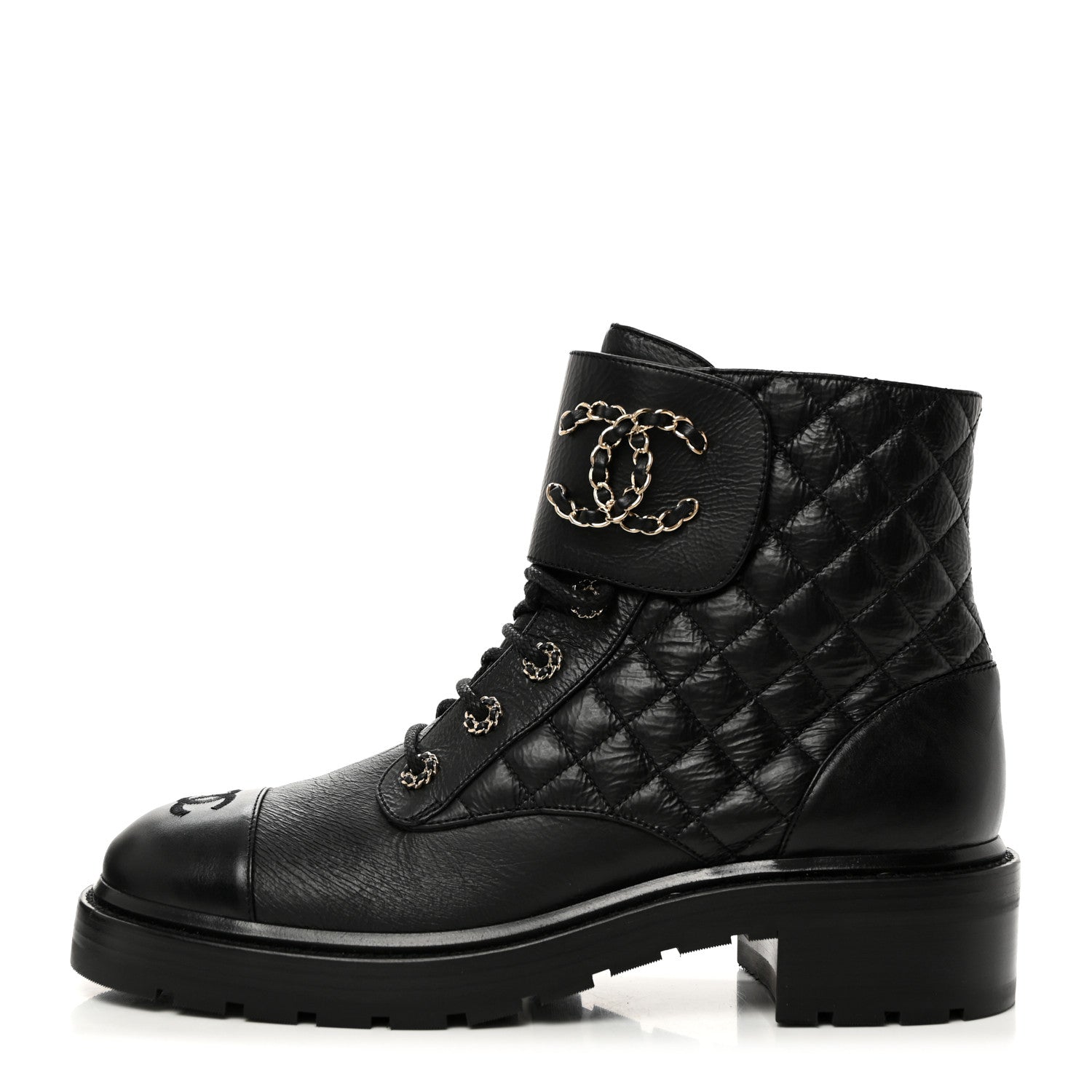 Chanel Shiny Goatskin Calfskin Quilted Lace Up Combat Boots 42 Black 1 of 8