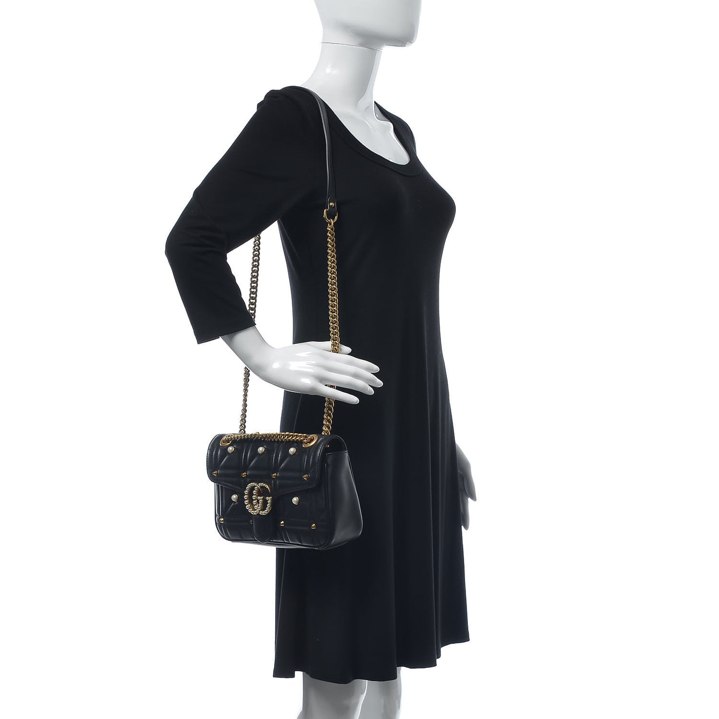 Calfskin Matelasse Studded Small Pearly GG Marmont Shoulder Bag Black