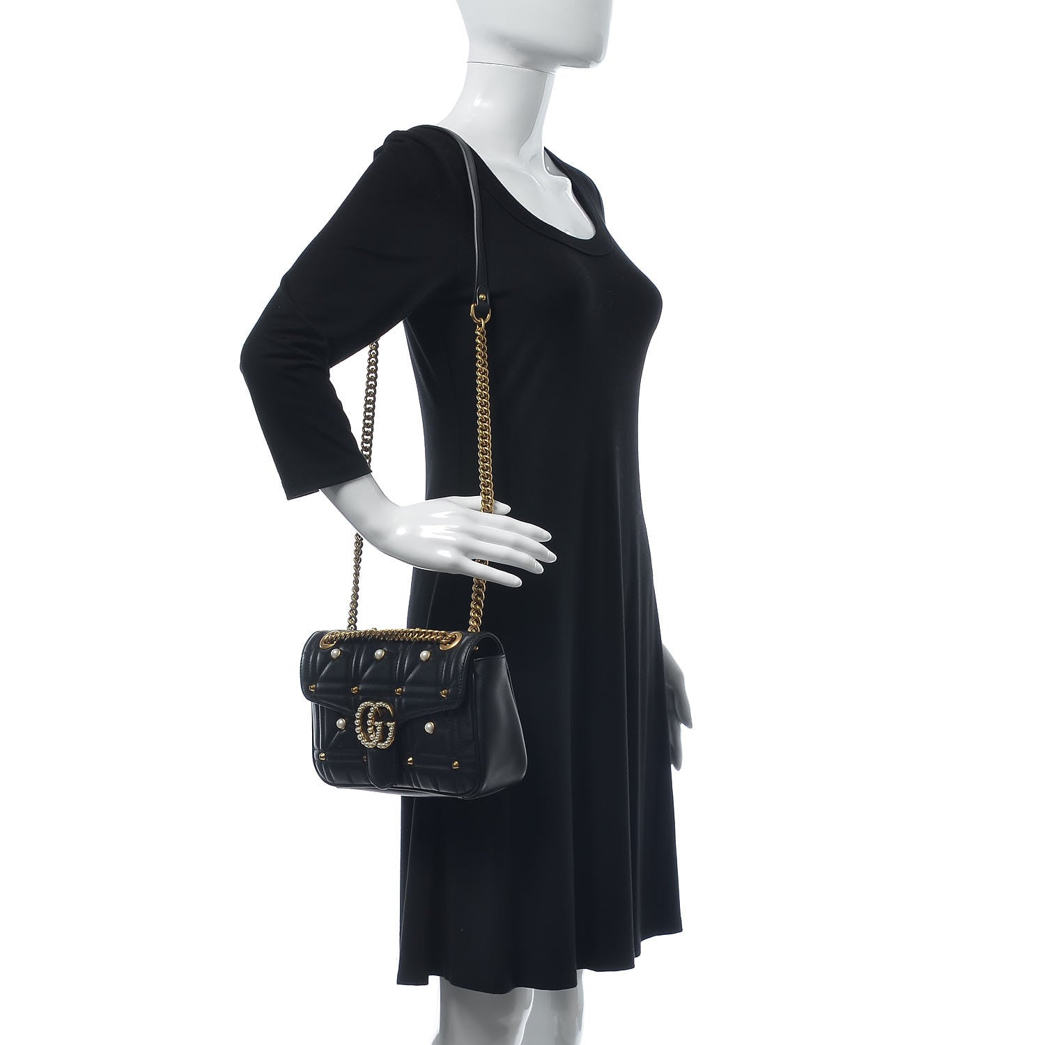 Gucci Calfskin Matelasse Studded Small Pearly GG Marmont Shoulder Bag Black 2 of 8