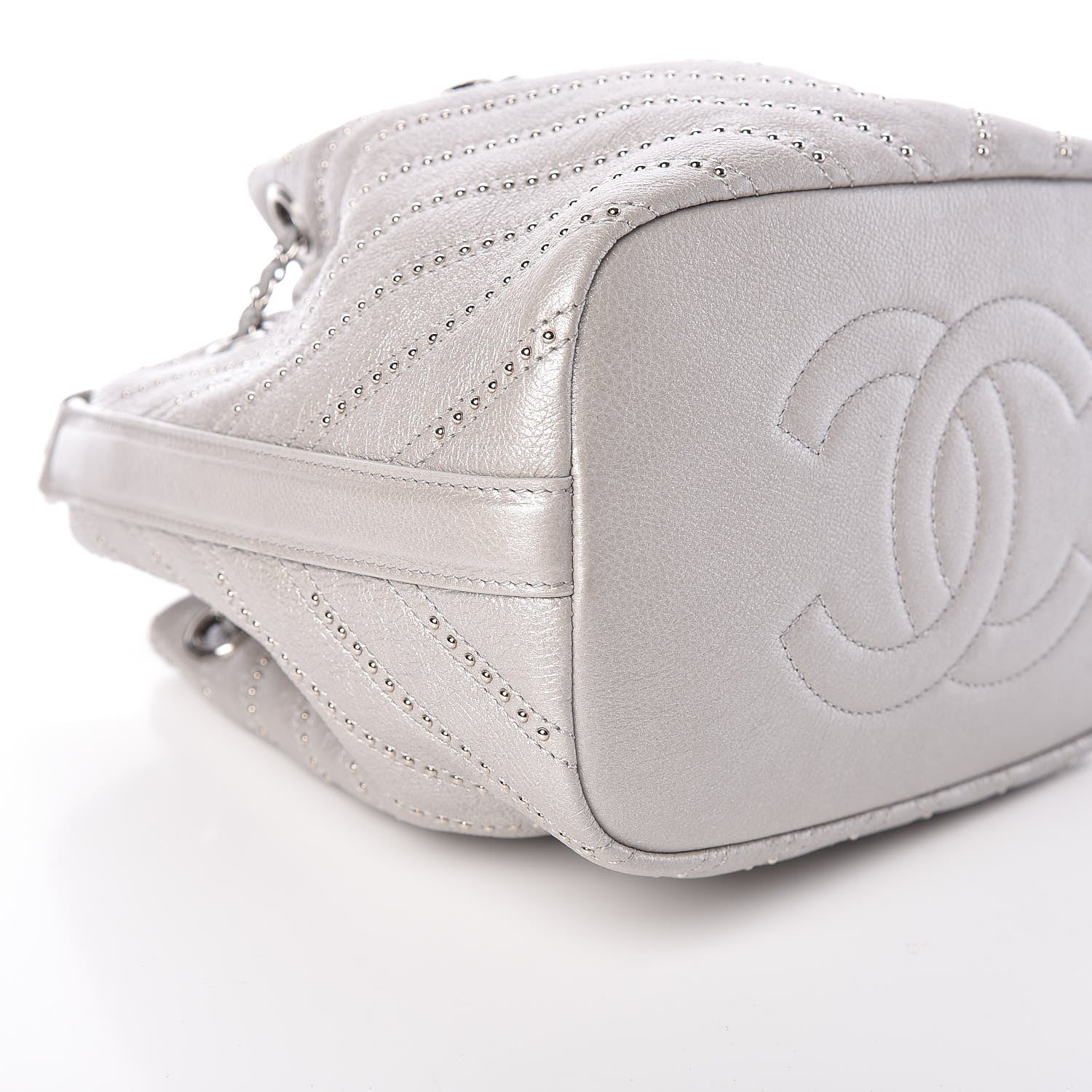 Chanel Metallic Calfskin Studded Chevron Quilted Small Stud Wars Drawstring Bag Silver 9 of 10
