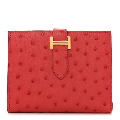 Hermes Ostrich Bearn Compact Wallet Rouge Vif 1 of 9