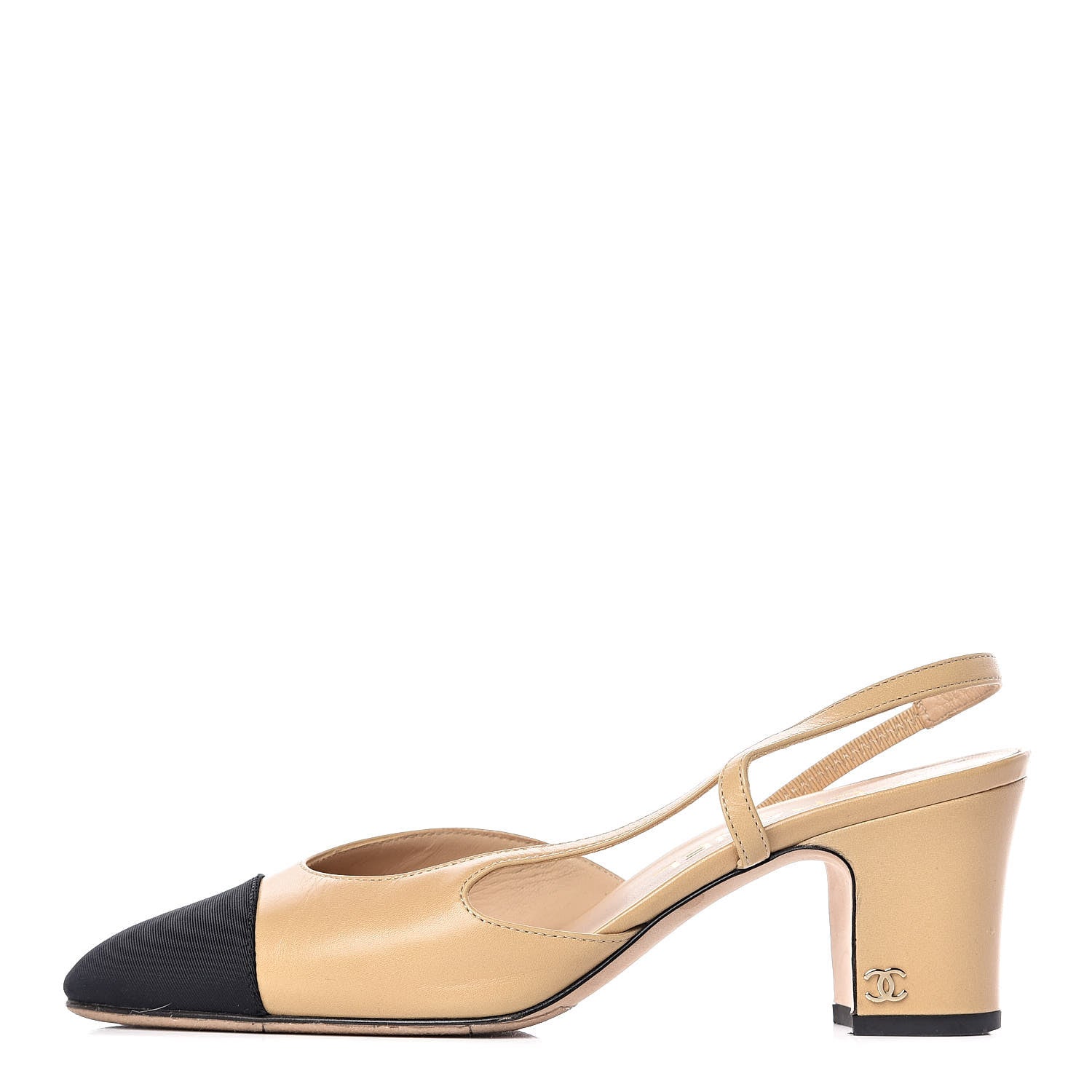 Chanel Lambskin Grosgrain Cap Toe CC Slingback Sandals 36.5 Beige Black 1 of 12