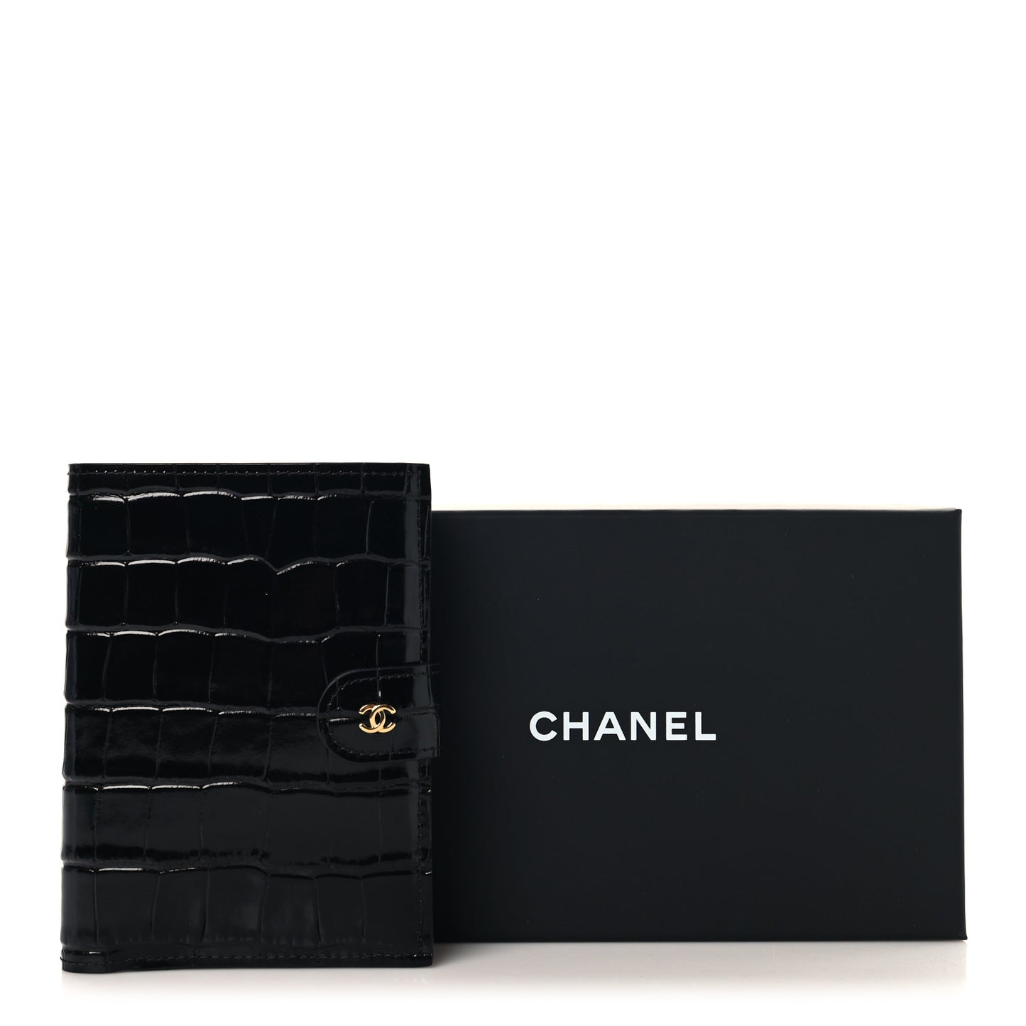 Calfskin Crocodile Embossed Crococo Passport Holder Black