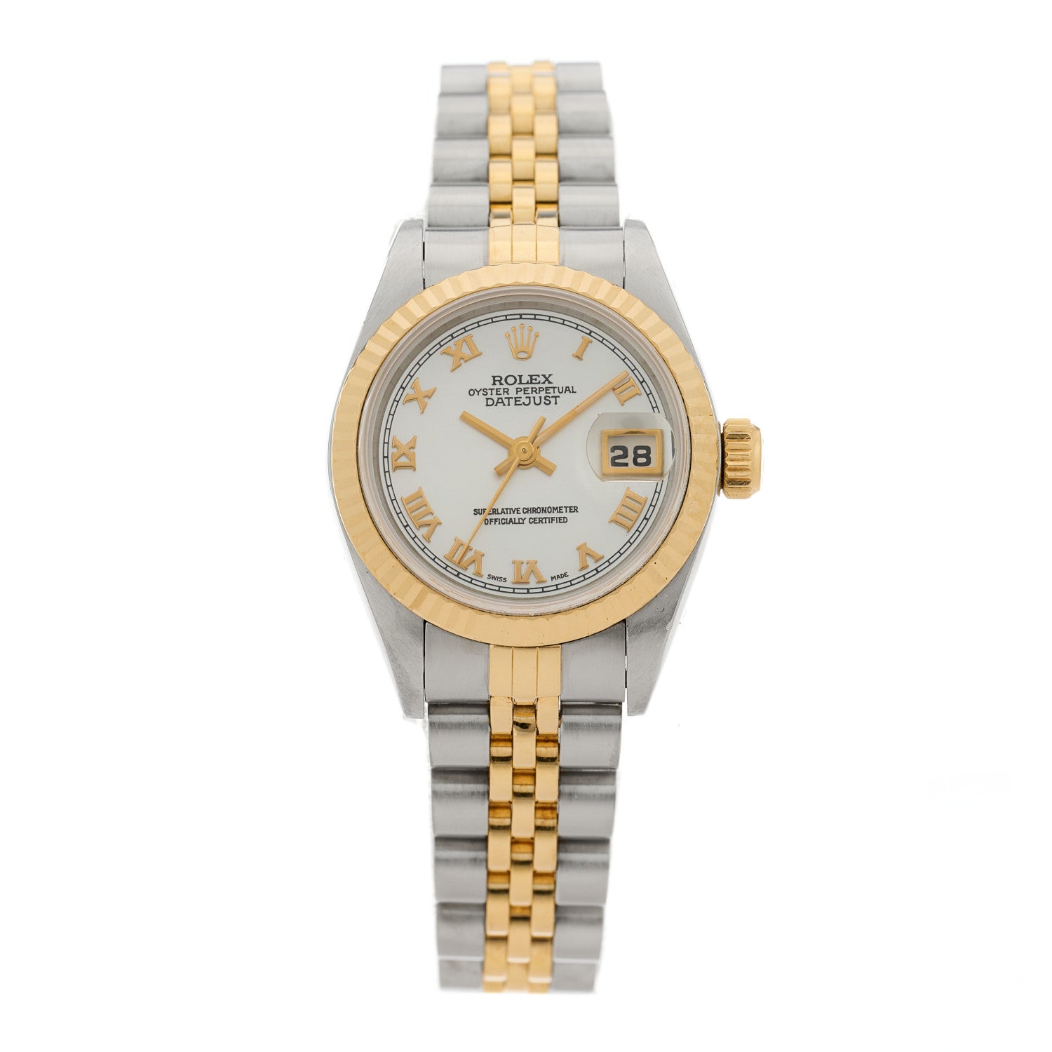 Rolex Stainless Steel 18K Yellow Gold 26mm Oyster Perpetual Datejust Watch White Roman 69173 1 of 4