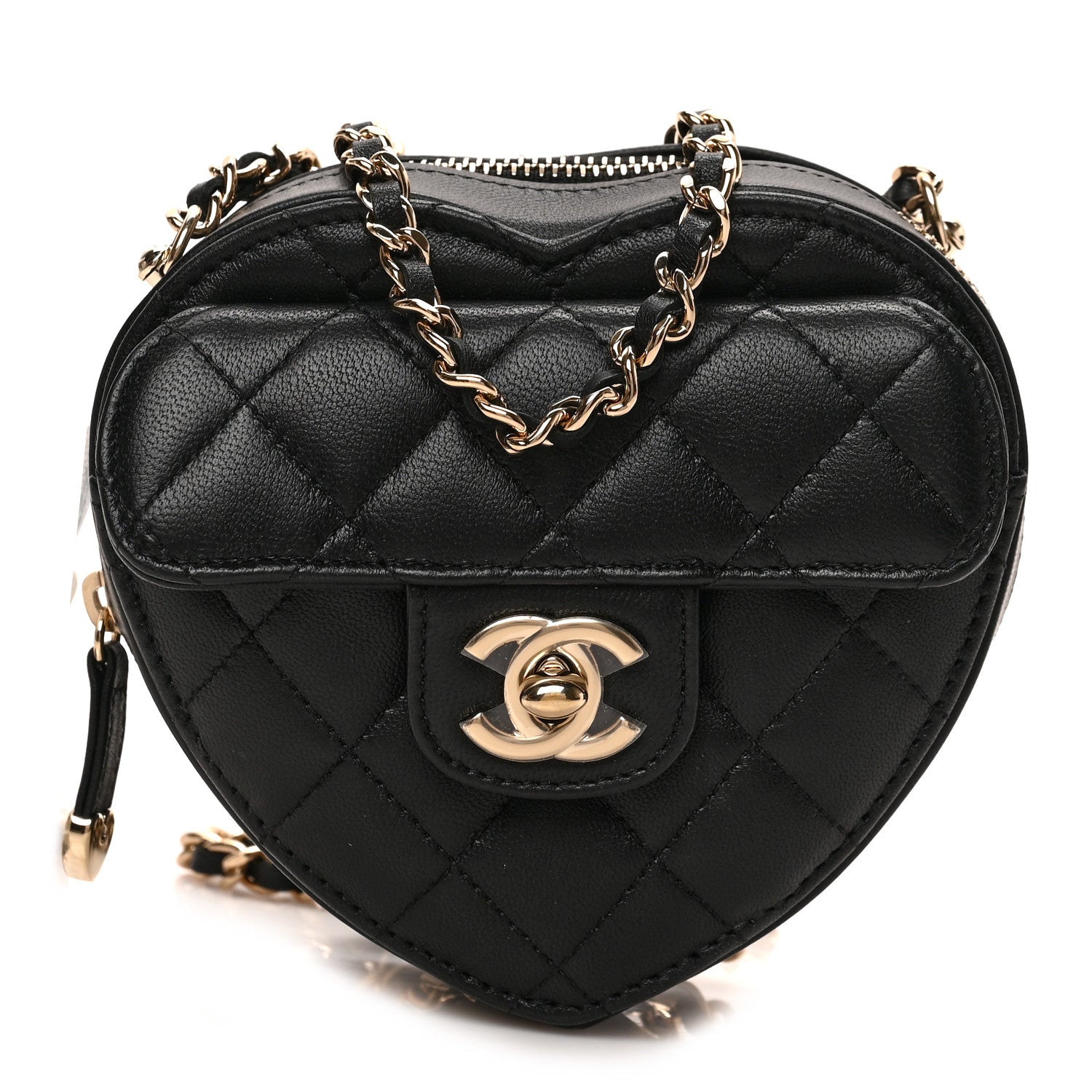 Chanel Lambskin Quilted CC In Love Heart Clutch With Chain Black 1 of 8