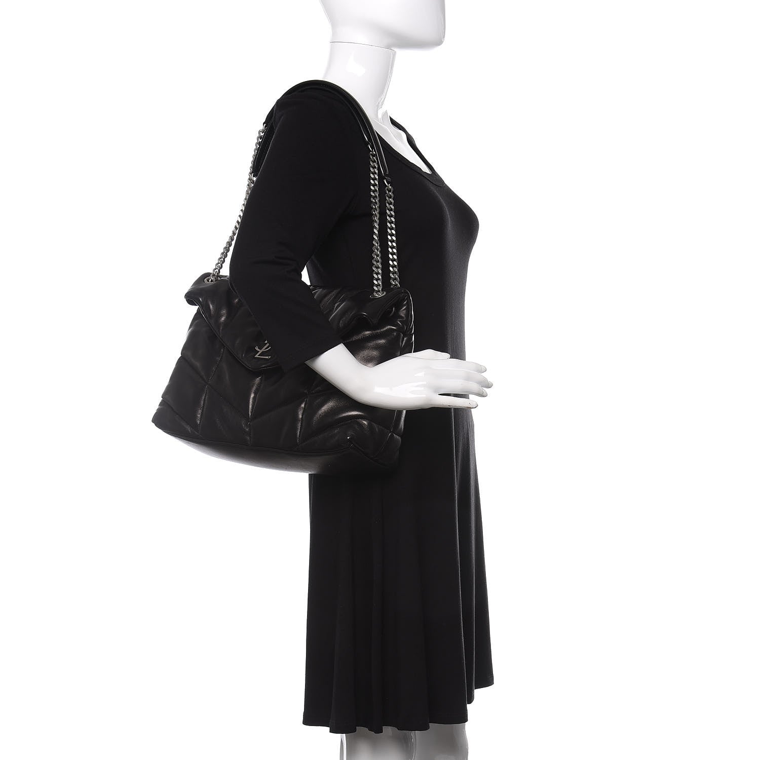 Saint Laurent Lambskin Quilted Medium Loulou Puffer Monogram Chain Satchel Black 2 of 11