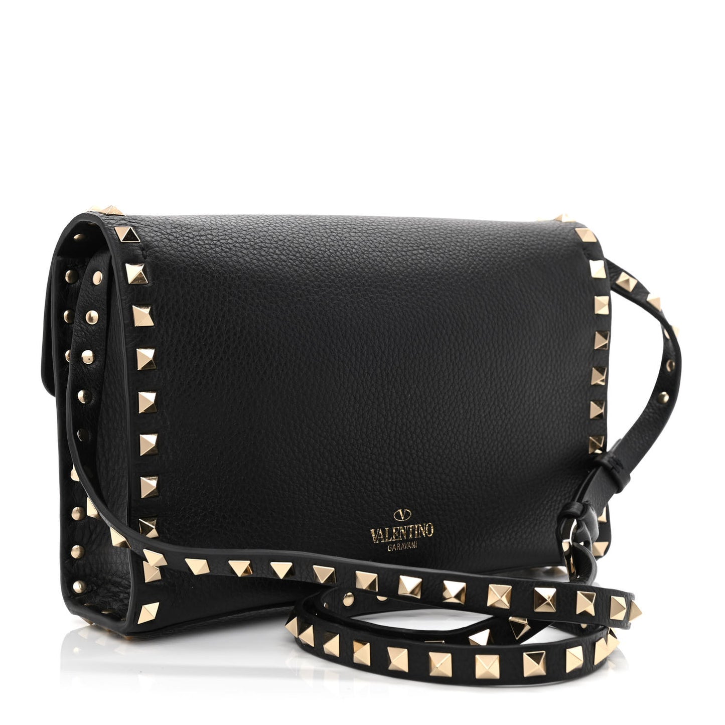 Pebbled Calfskin Medium Rockstud Flip Lock Crossbody Bag Black