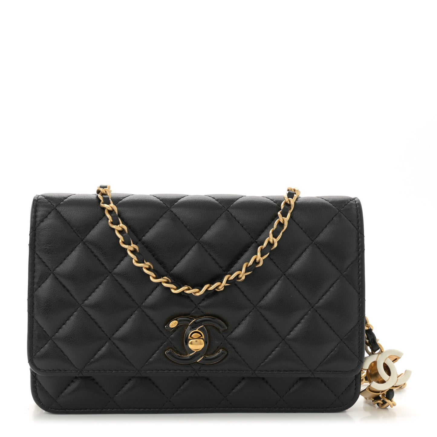 Shiny Lambskin Quilted Enamel Wallet On Chain WOC Black