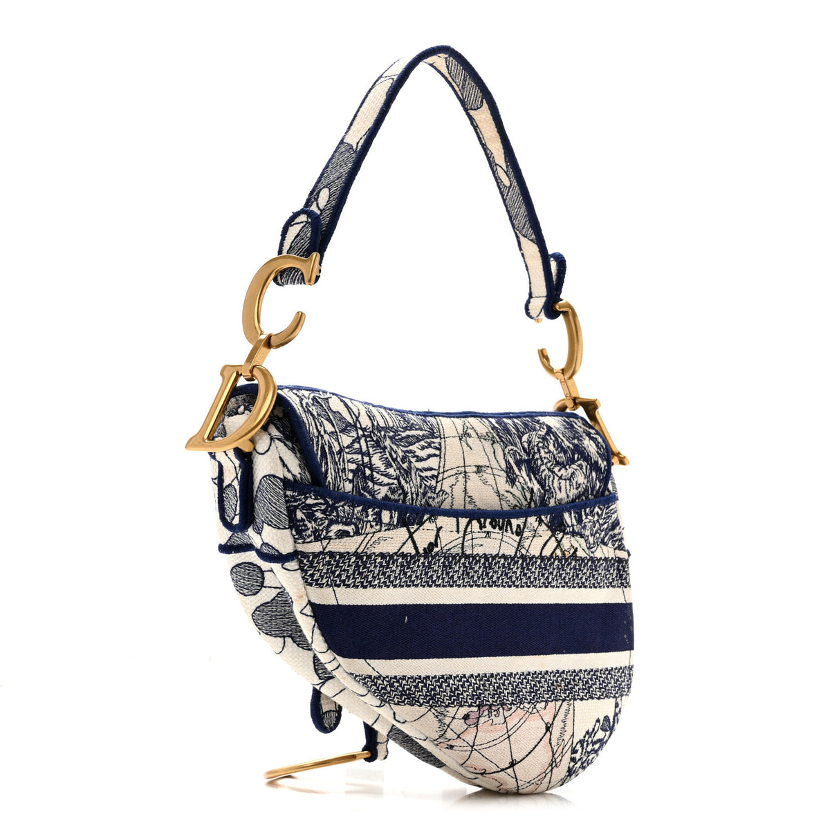 Canvas Embroidered Around the World Saddle Bag Blue
