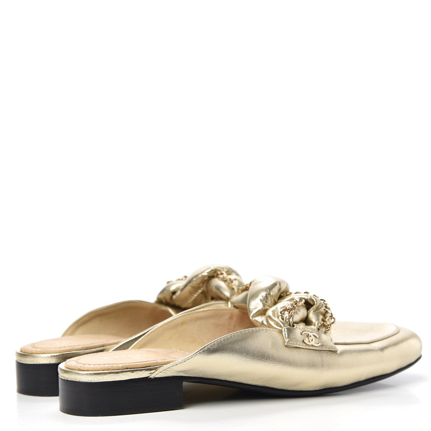 Metallic Lambskin Chain Braided Mules 39.5 Light Gold