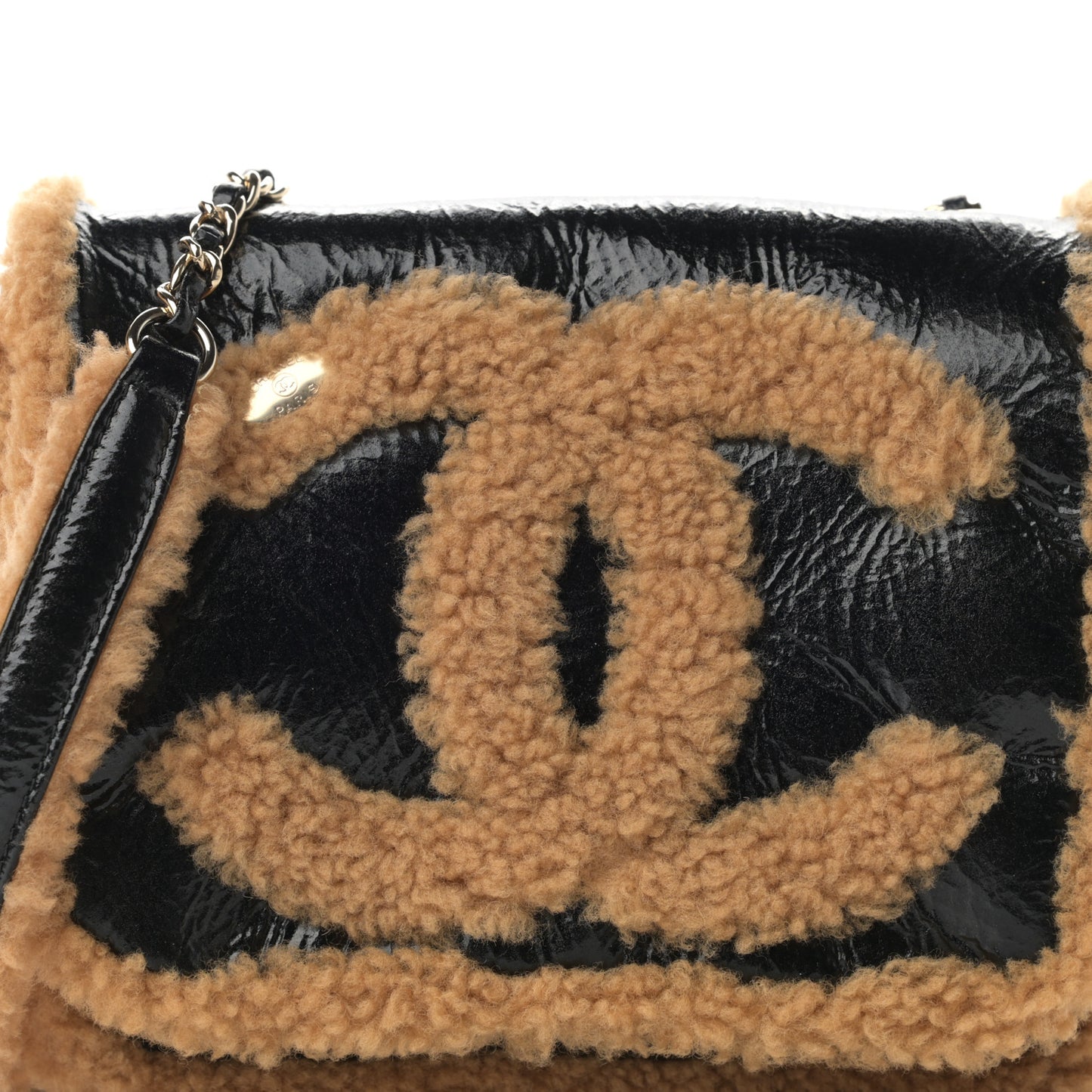 Shiny Crumpled Sheepskin Shearling CC Mania Flap Bag Black Beige