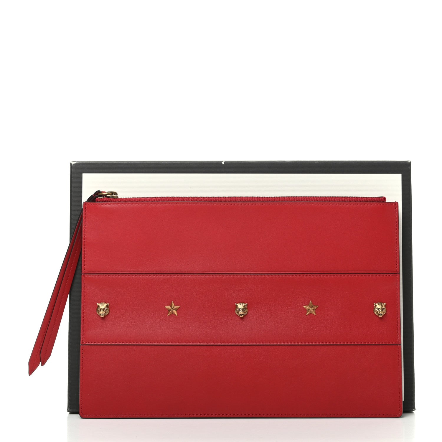 Gucci Calfskin Studded Animalier Zip Pouch Red 6 of 6