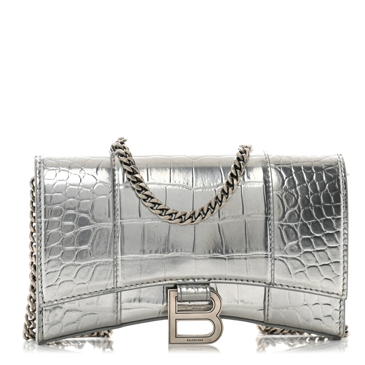 Shiny Calfskin Crocodile Embossed Hourglass Chain Bag Silver