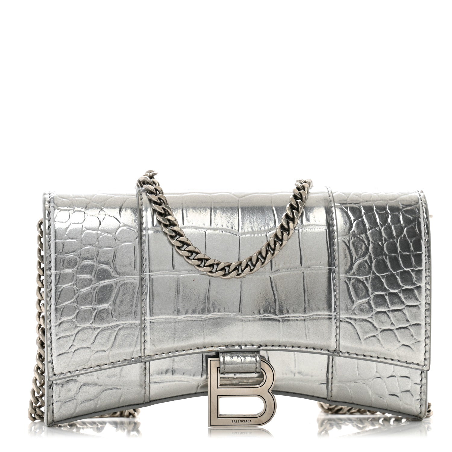 Balenciaga Shiny Calfskin Crocodile Embossed Hourglass Chain Bag Silver 1 of 12