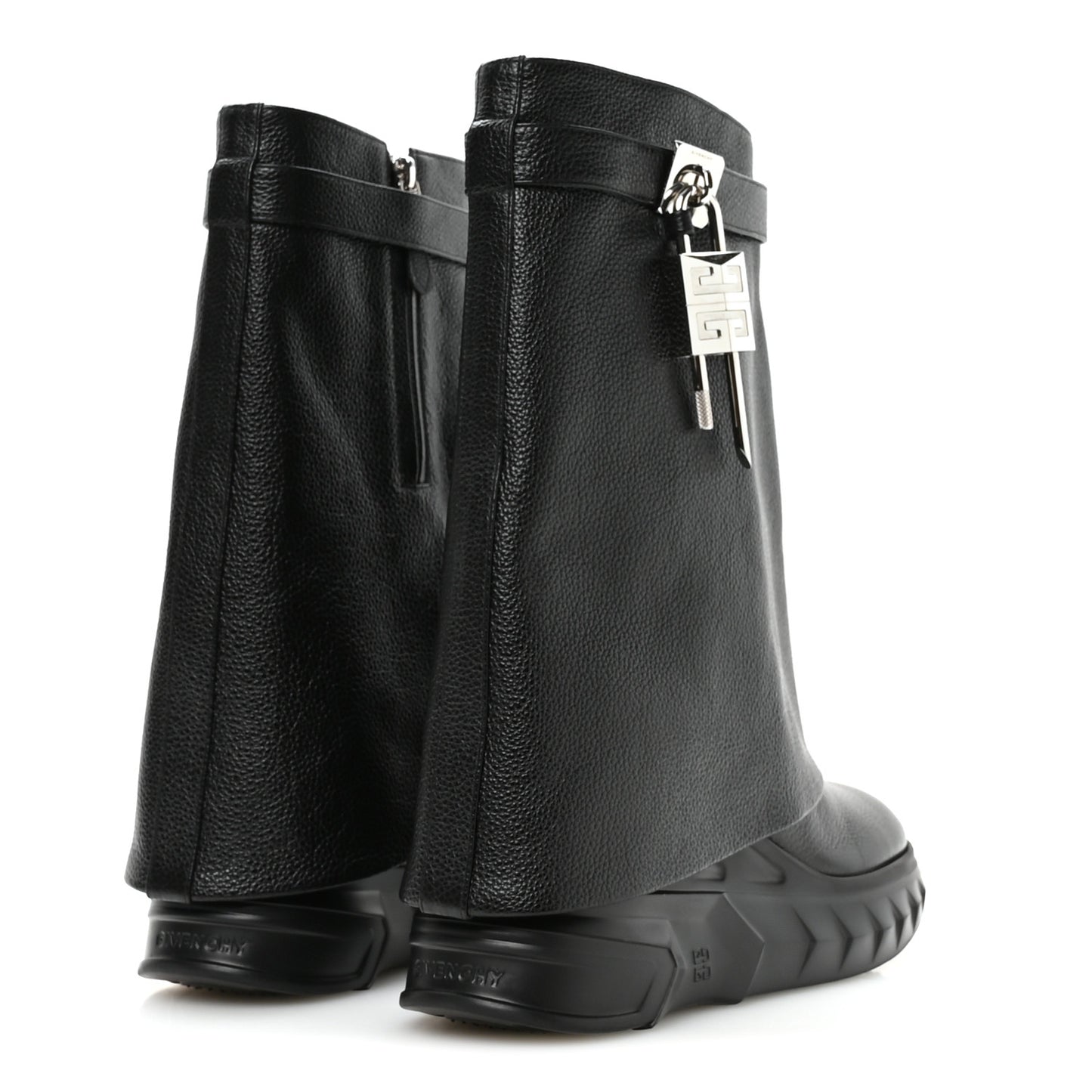 Grained Calfskin Shark Lock Biker Ankle Boots 39 Black