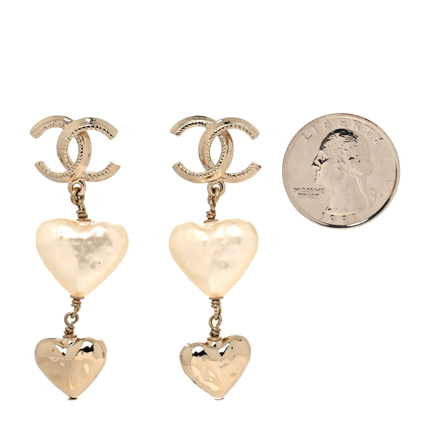 Chanel Pearl CC Double Heart Drop Earrings Gold 2 of 3