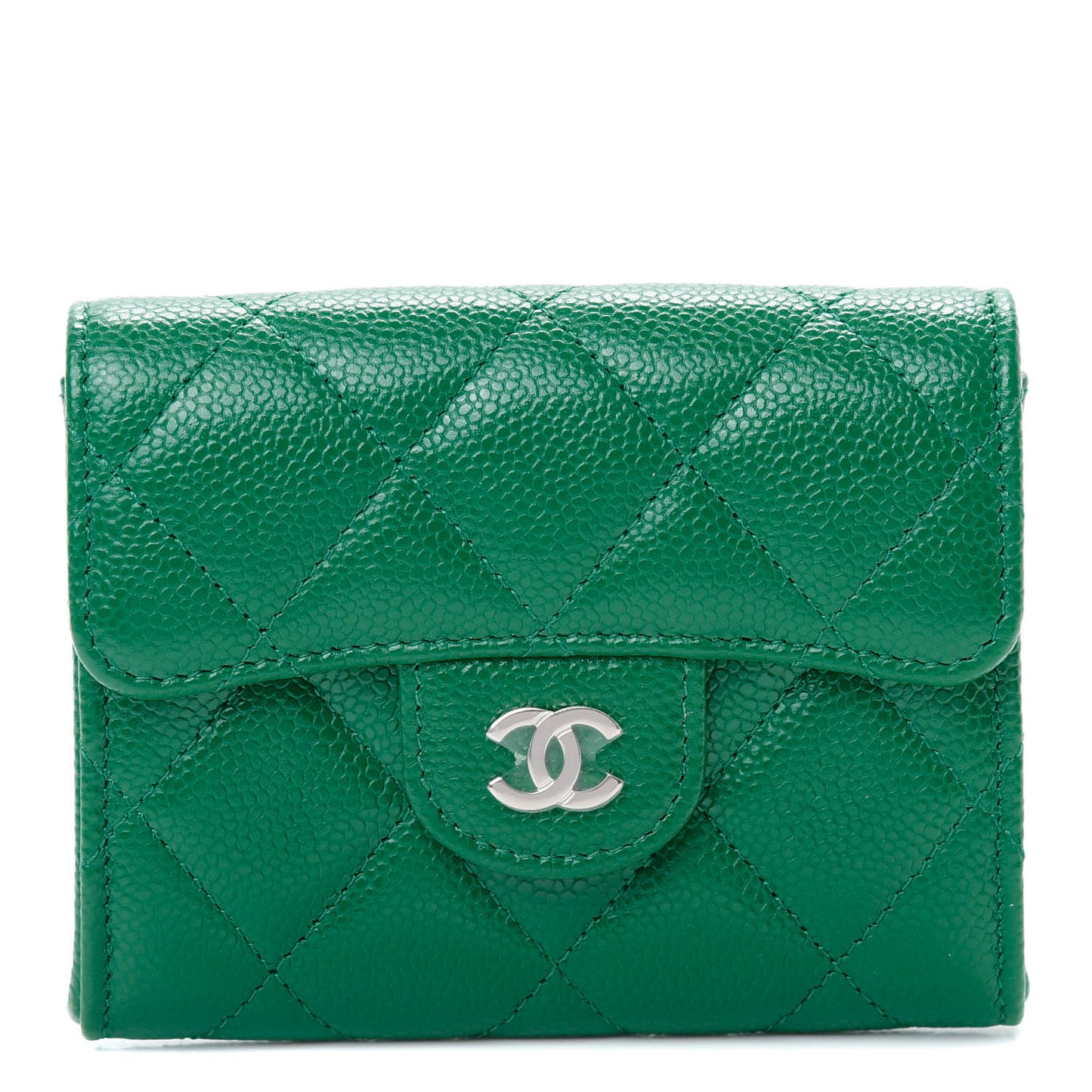 Caviar Quilted Flap Card Holder Wallet Green