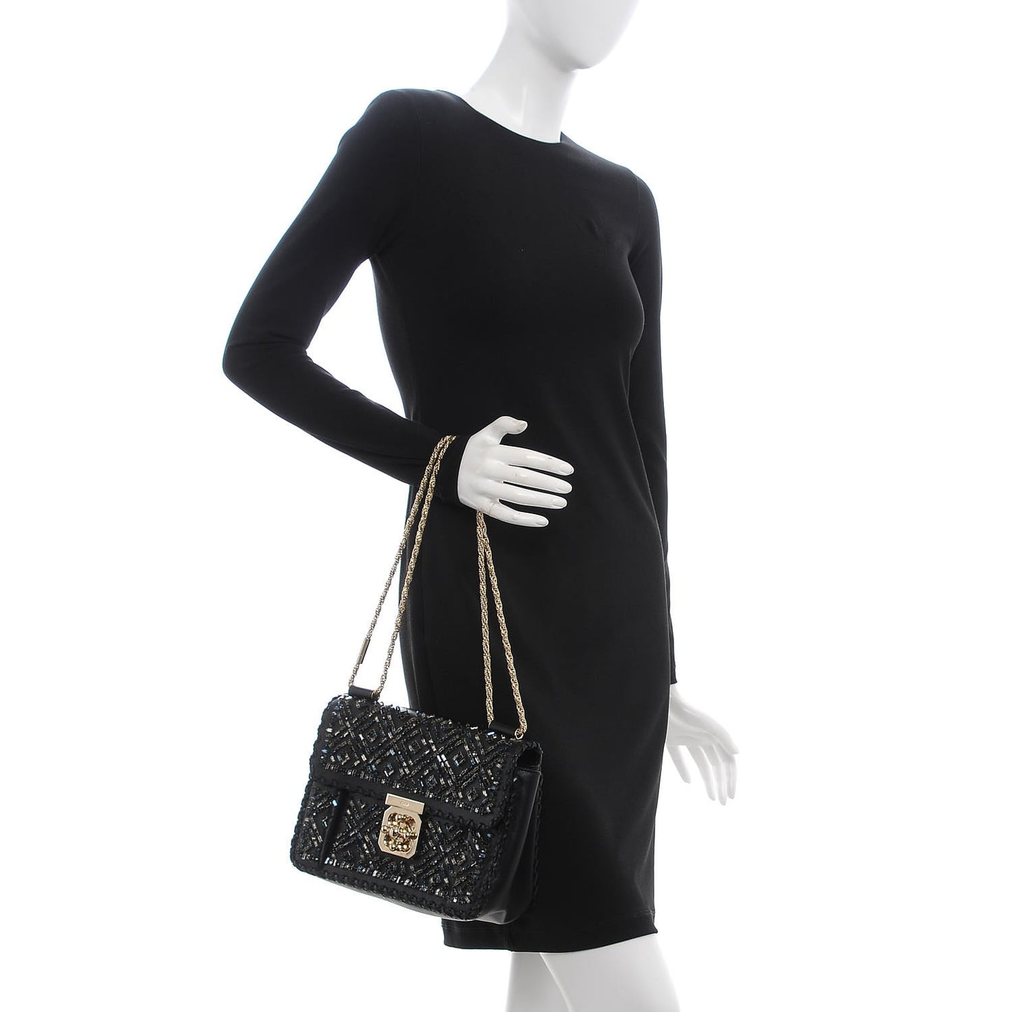 Calfskin Crystal Embellished Medium Elsie Shoulder Bag Black