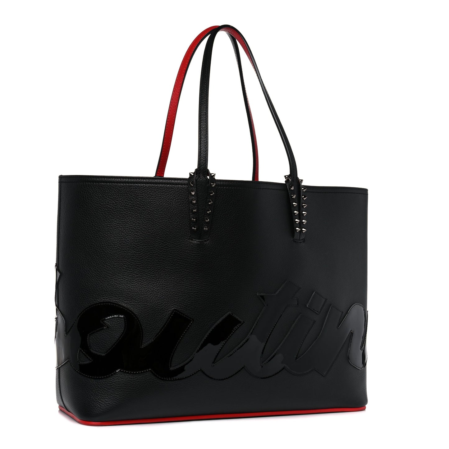 Calfskin Patent Logo Spikes East West Cabata Tote Black