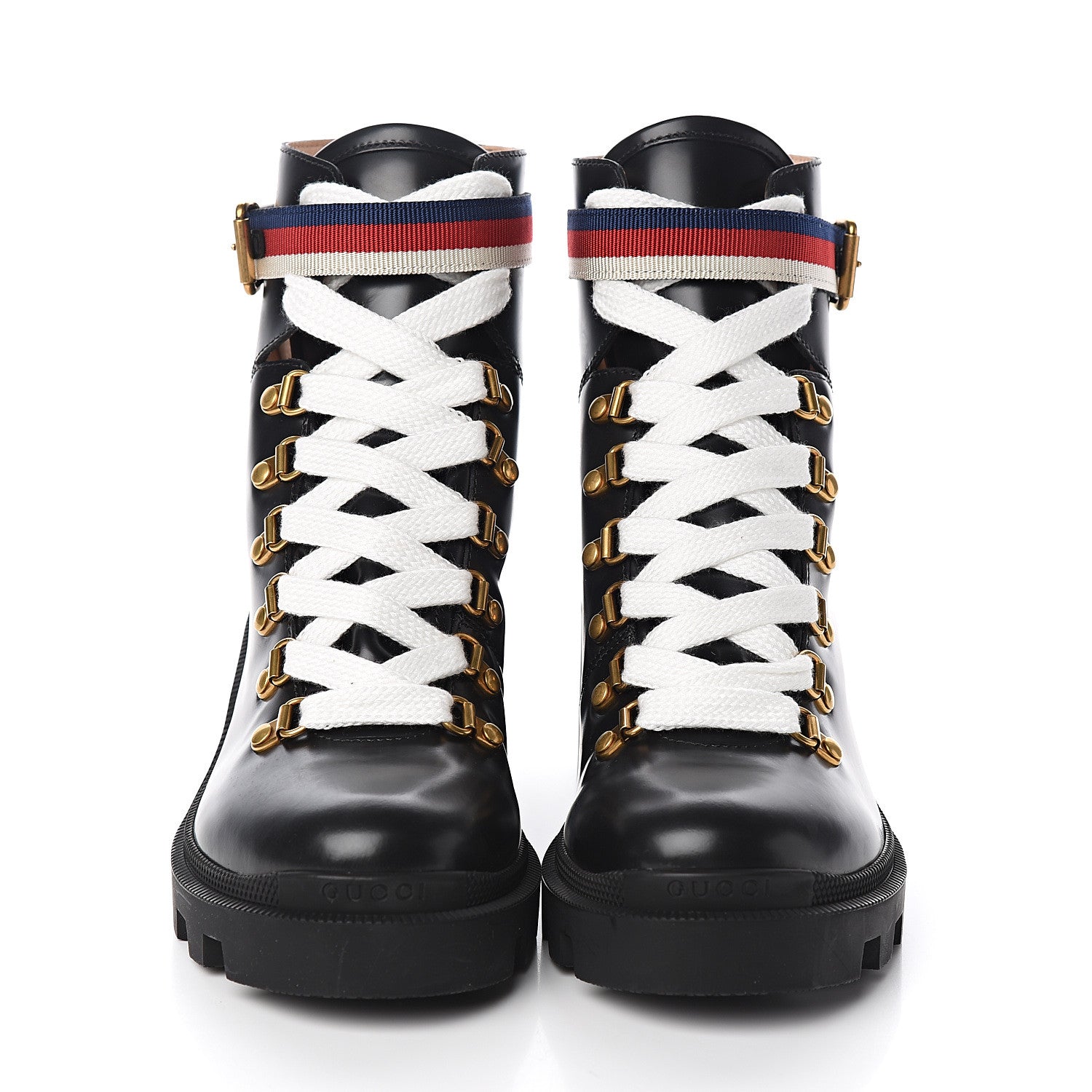 Gucci Calfskin Womens Sylvie Web Lace Up Combat Boots 37.5 Black 2 of 10