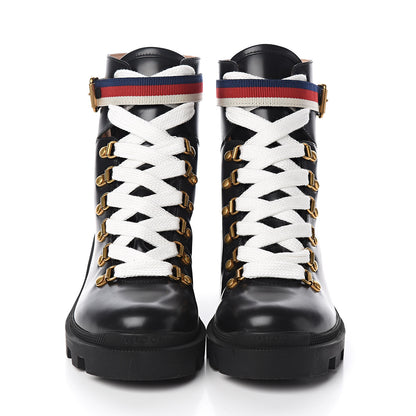 Gucci Calfskin Womens Sylvie Web Lace Up Combat Boots 37.5 Black 2 of 10