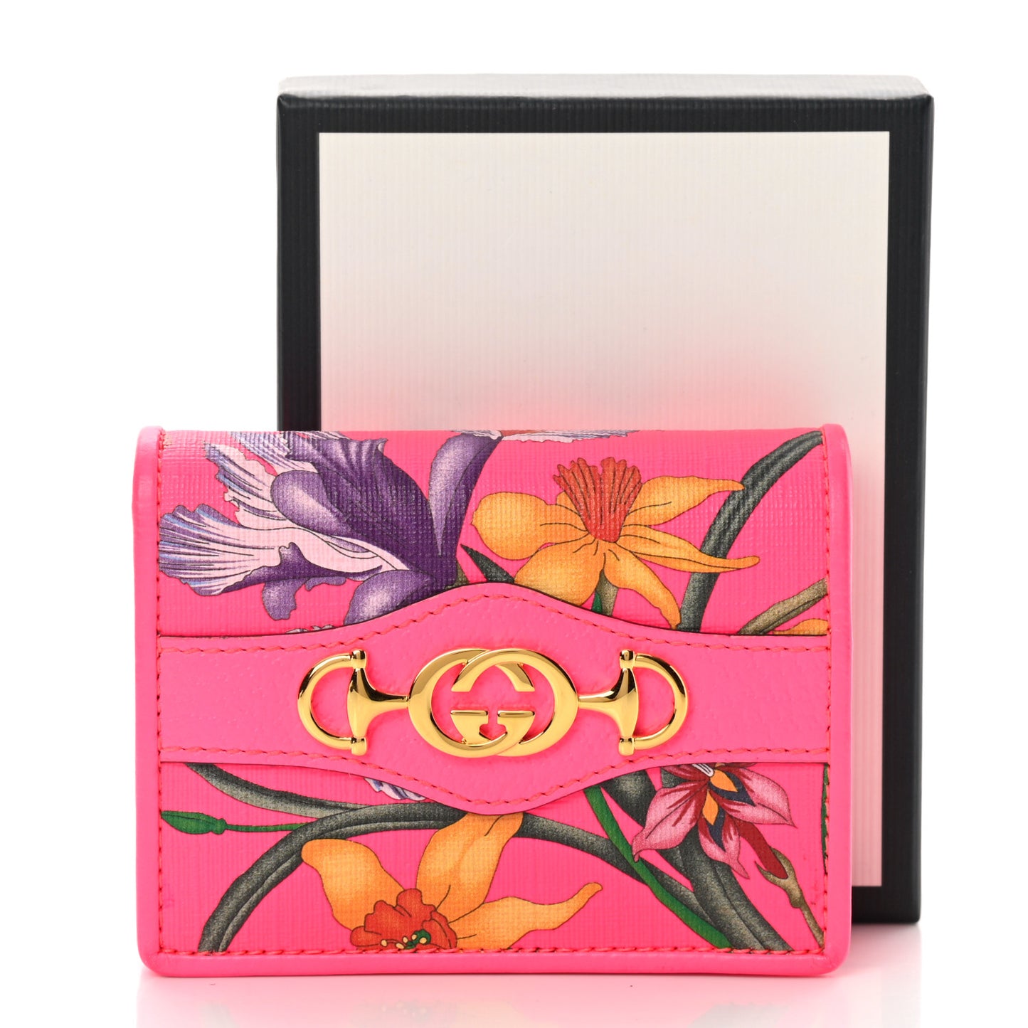 Calfskin Flora Print Zumi Card Case Fuxia Fluo