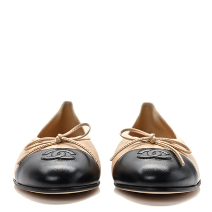 Chanel Lambskin Cap Toe CC Ballerina Flats 37.5 Beige Black 2 of 8