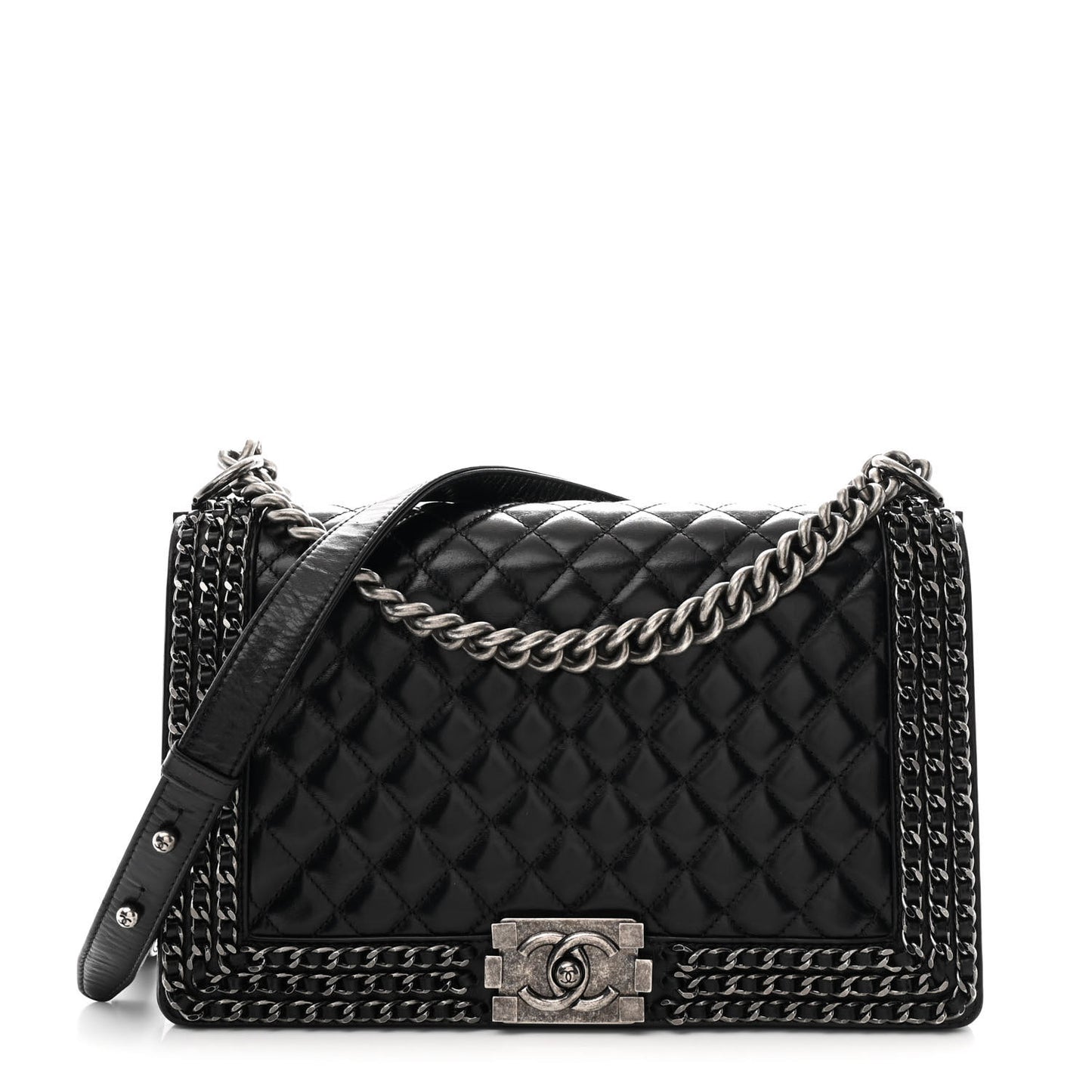 Glazed Calfskin Quilted New Medium Boy Chained Flap Black