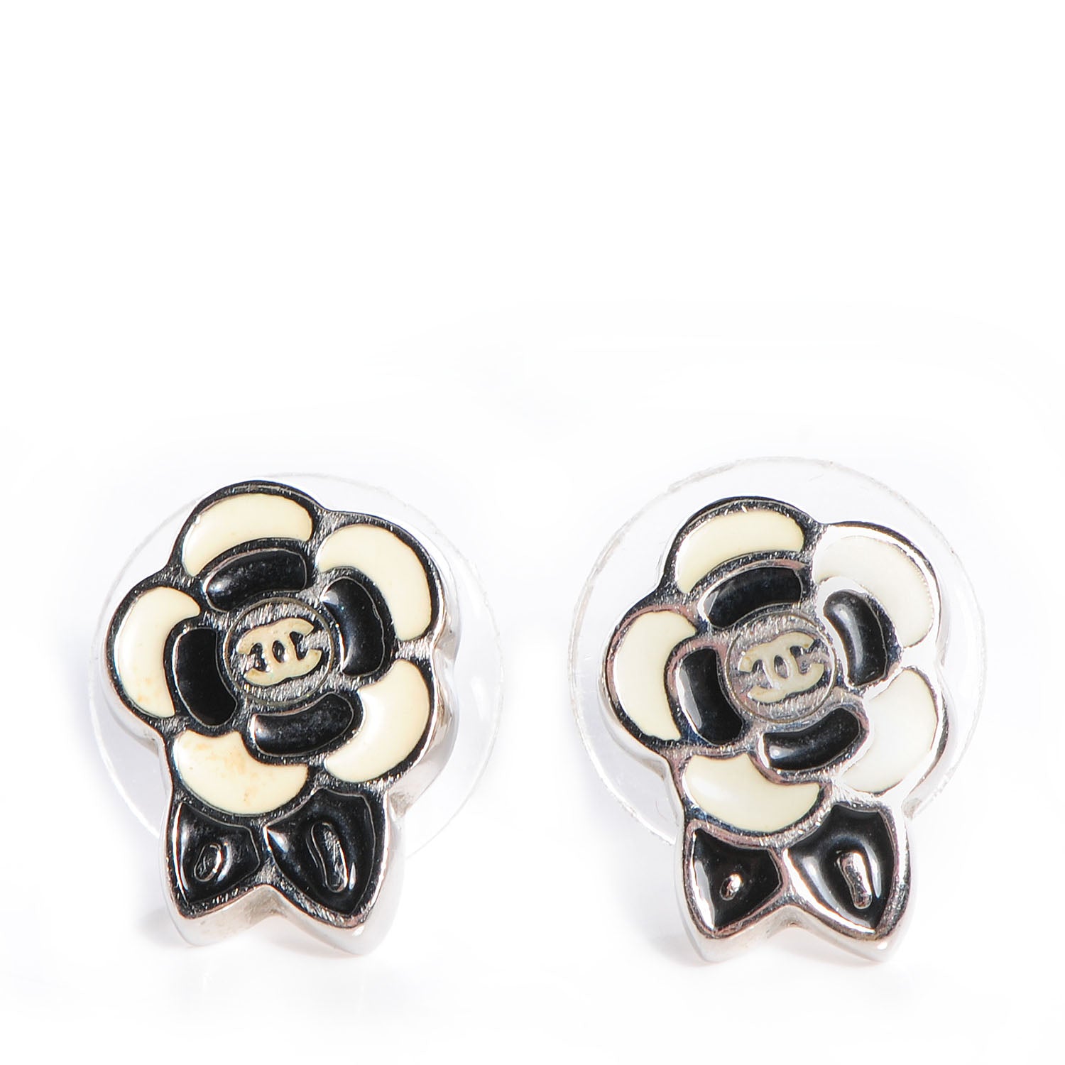Chanel Enamel CC Camellia Earrings Black Beige 1 of 5