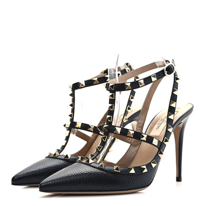 Valentino Garavani Pebbled Calfskin Rockstud Ankle Strap 100mm Pumps 38.5 Black 3 of 7