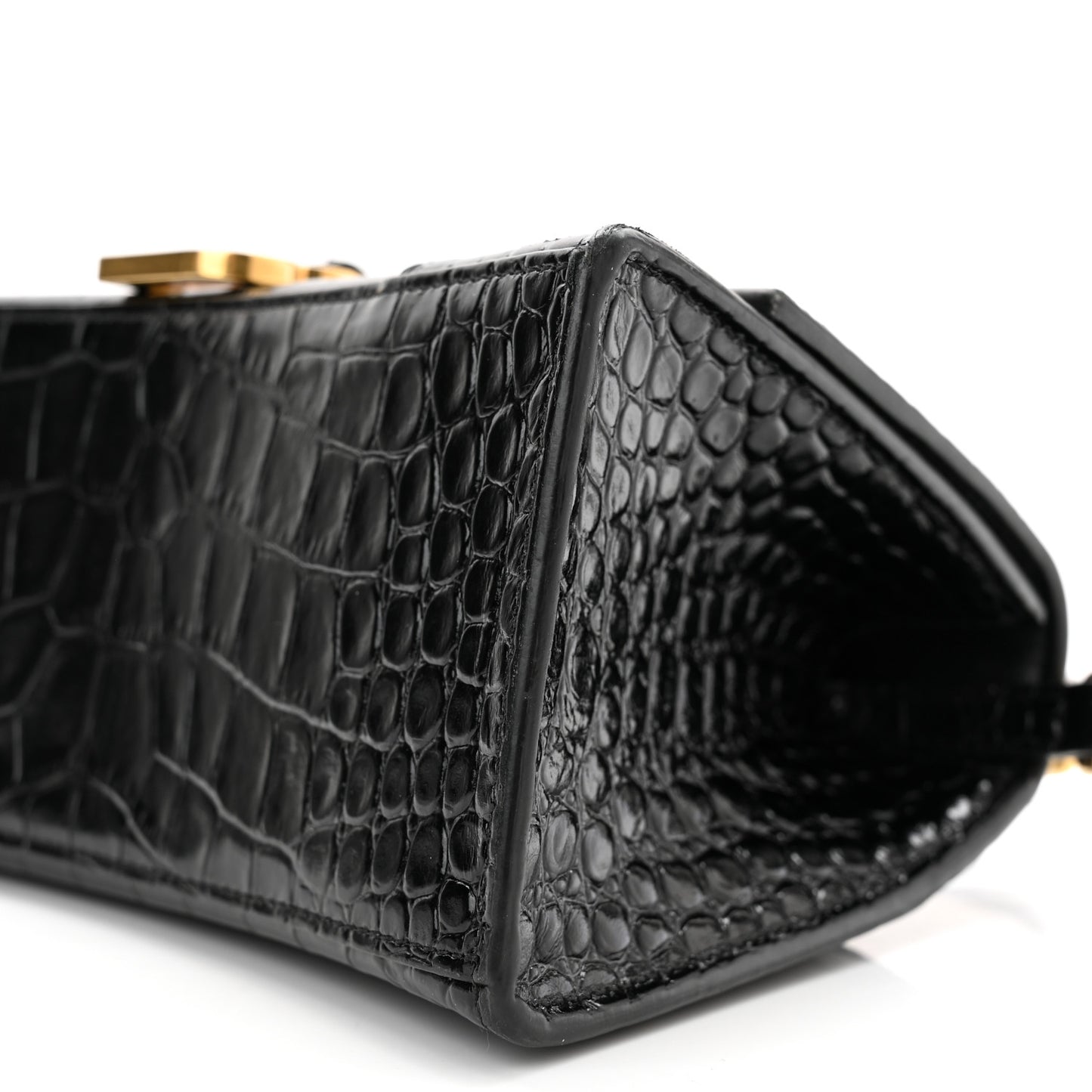 Shiny Calfskin Crocodile Embossed Small Hourglass Top Handle Bag Black