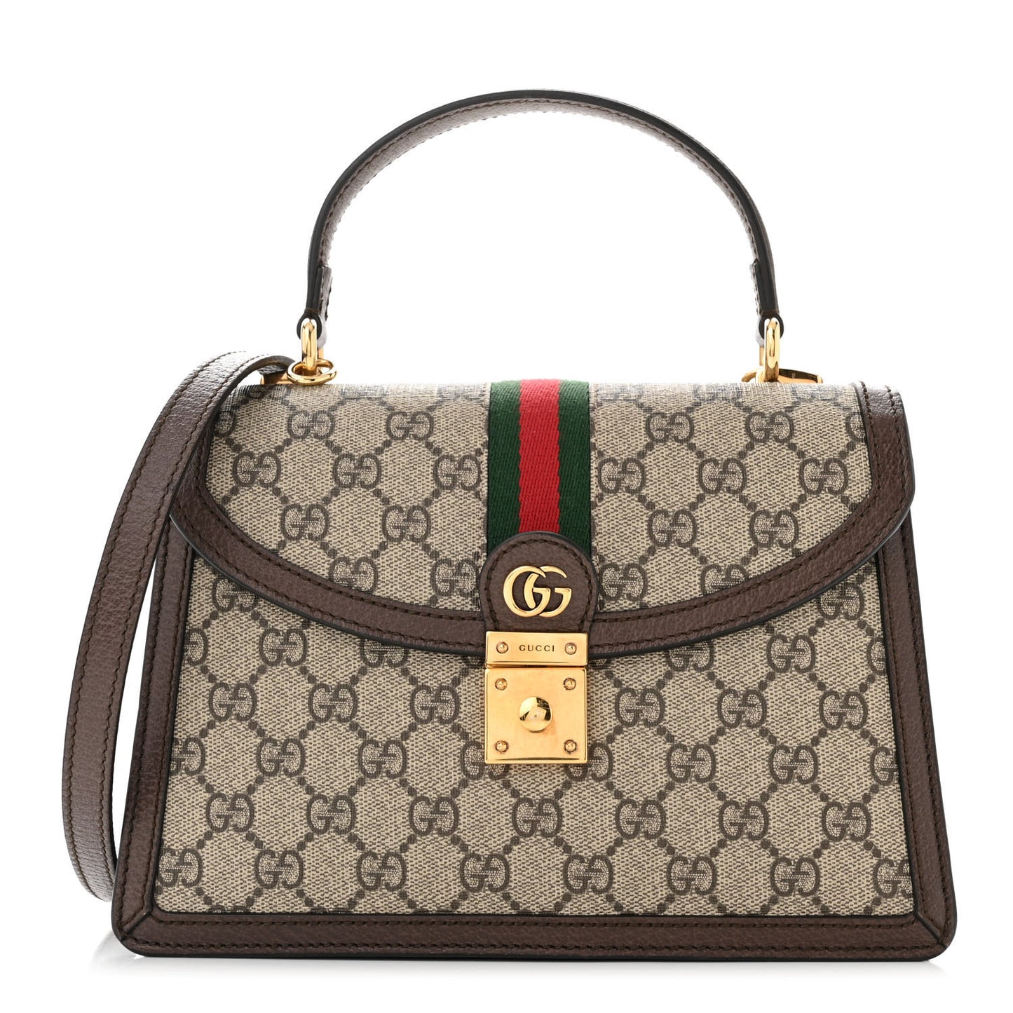 GG Supreme Monogram Textured Dollar Calfskin Web Small Ophidia Padlock Top Handle Bag Beige Ebony New Acero