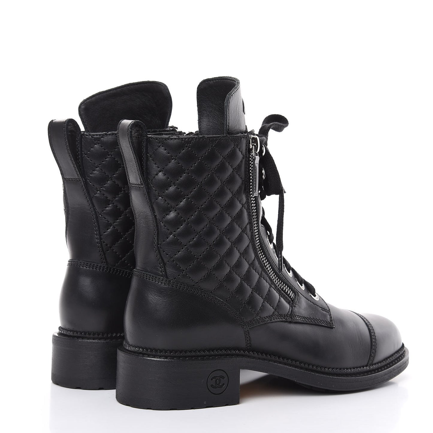Calfskin Quilted Combat Boots 39 Black