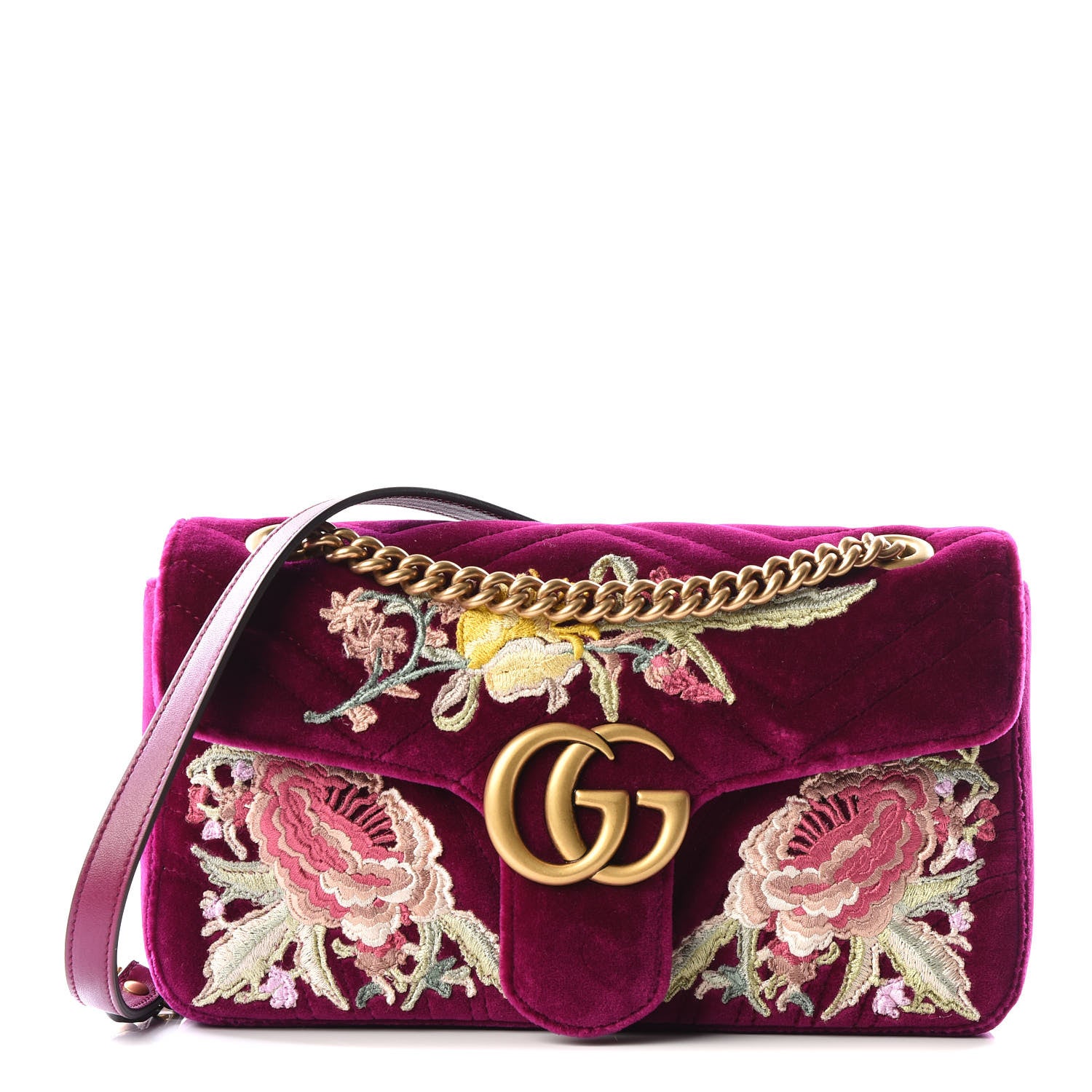 Gucci Velvet Matelasse Embroidered Small GG Marmont Shoulder Bag Fuchsia Violet Cyclamen 1 of 8
