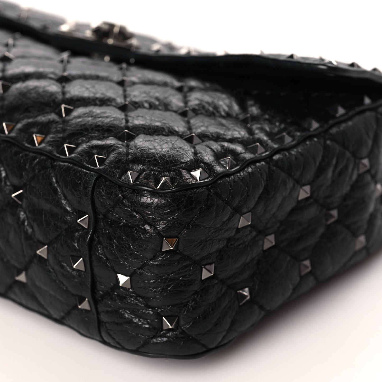 Craquele Nappa Medium Rockstud Spike Shoulder Bag Black
