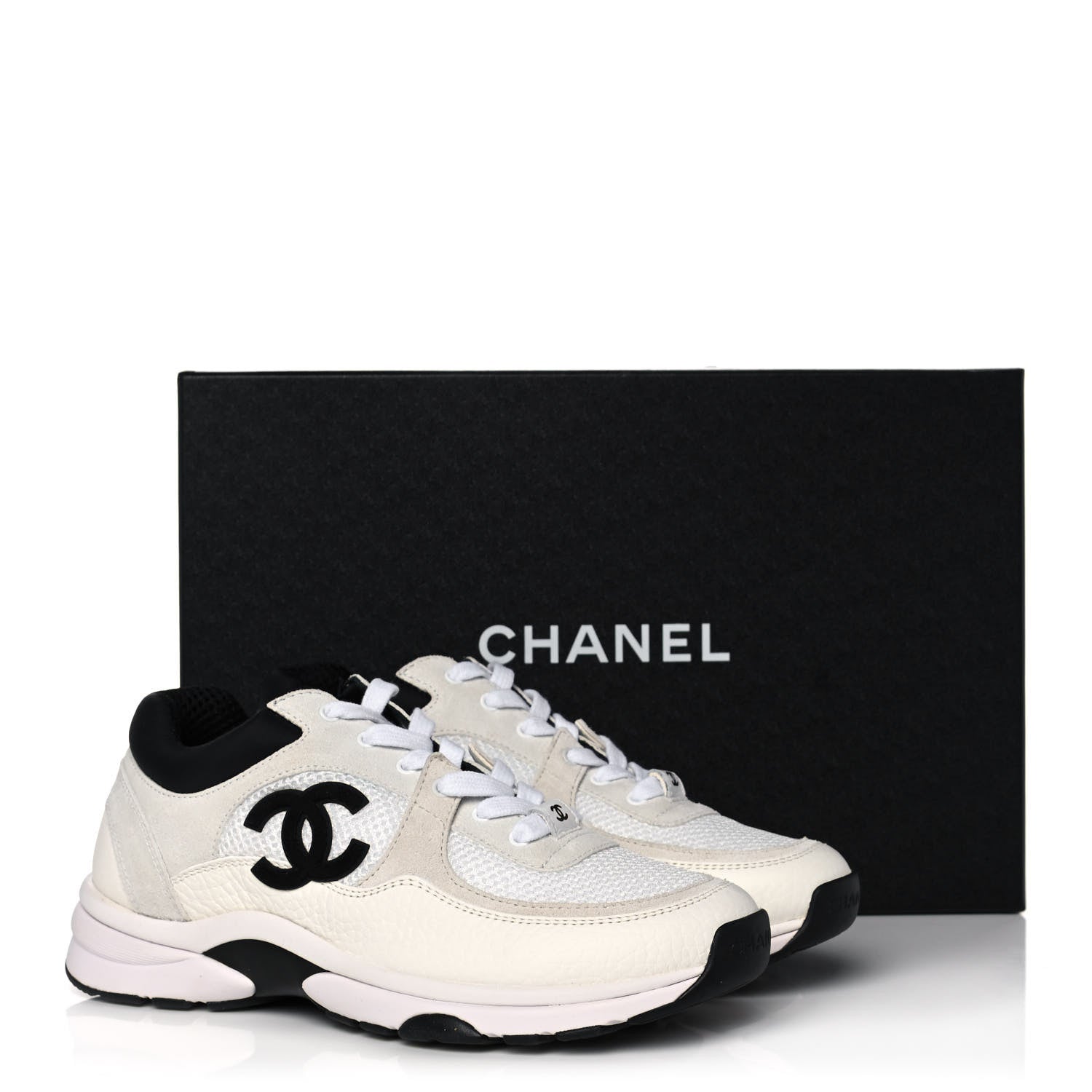Chanel Mesh Suede Calfskin Grained Calfskin Womens CC Sneakers 37 White Black 11 of 11